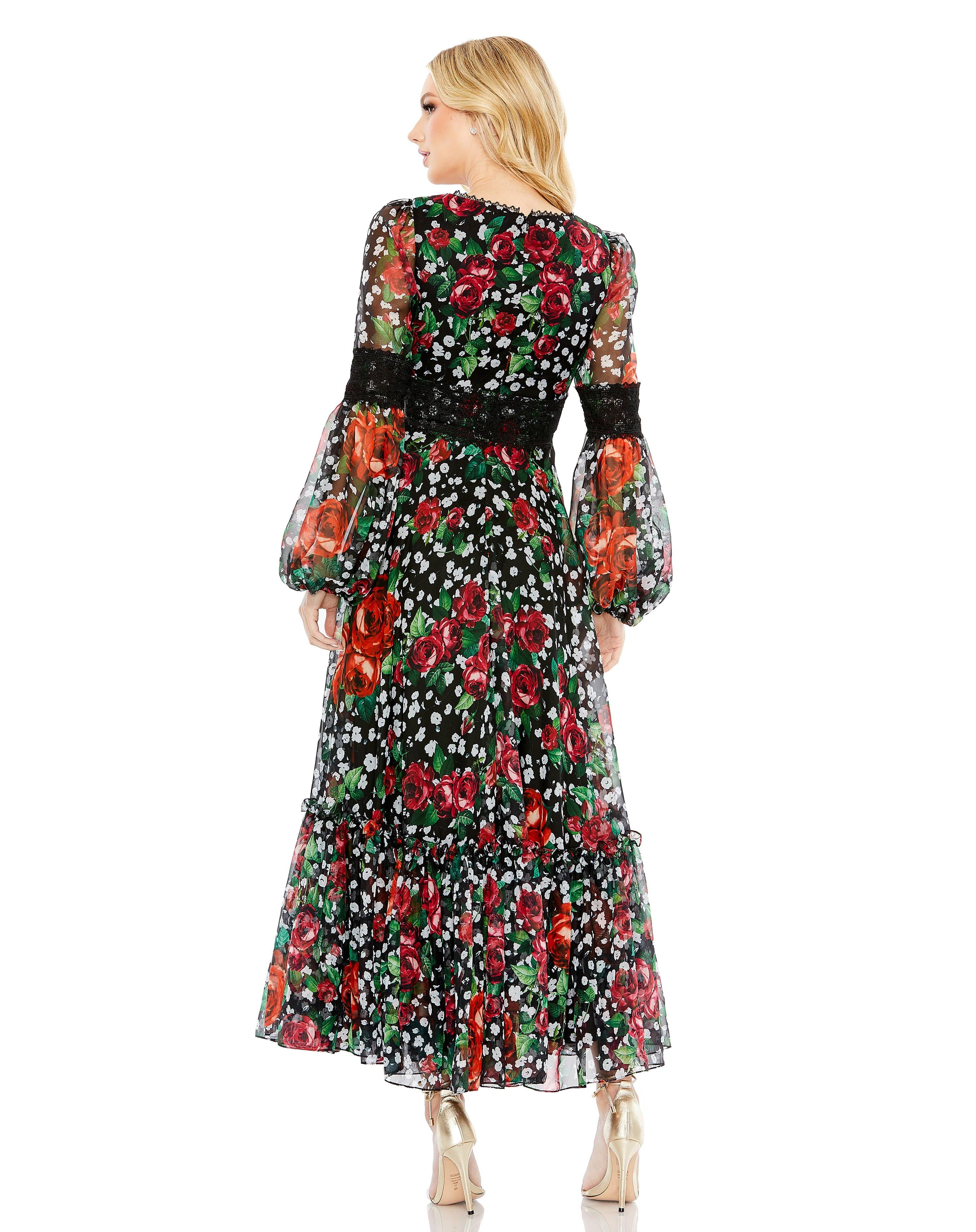 Formal Dresses Floral Print Formal Chiffon Tea Length Dress Black Multi