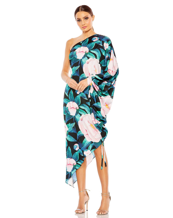 High Low One Shoulder Floral Cocktail Dress High Low Hem & One Shoulder Mac Duggal 11404