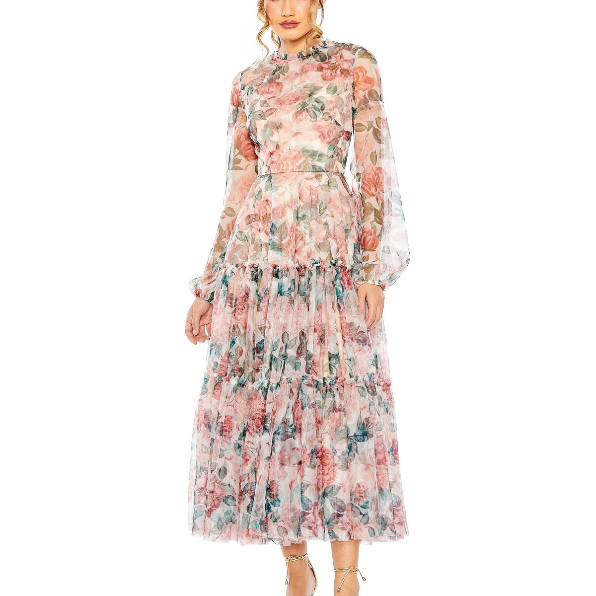 Mac Duggal - Multicolor Floral High Neck Balloon Sleeve Midi Dress - White Multi / US 14 Mac Duggal - Multicolor Floral High Neck Balloon Sleeve Midi Dress - White Multi / US 14