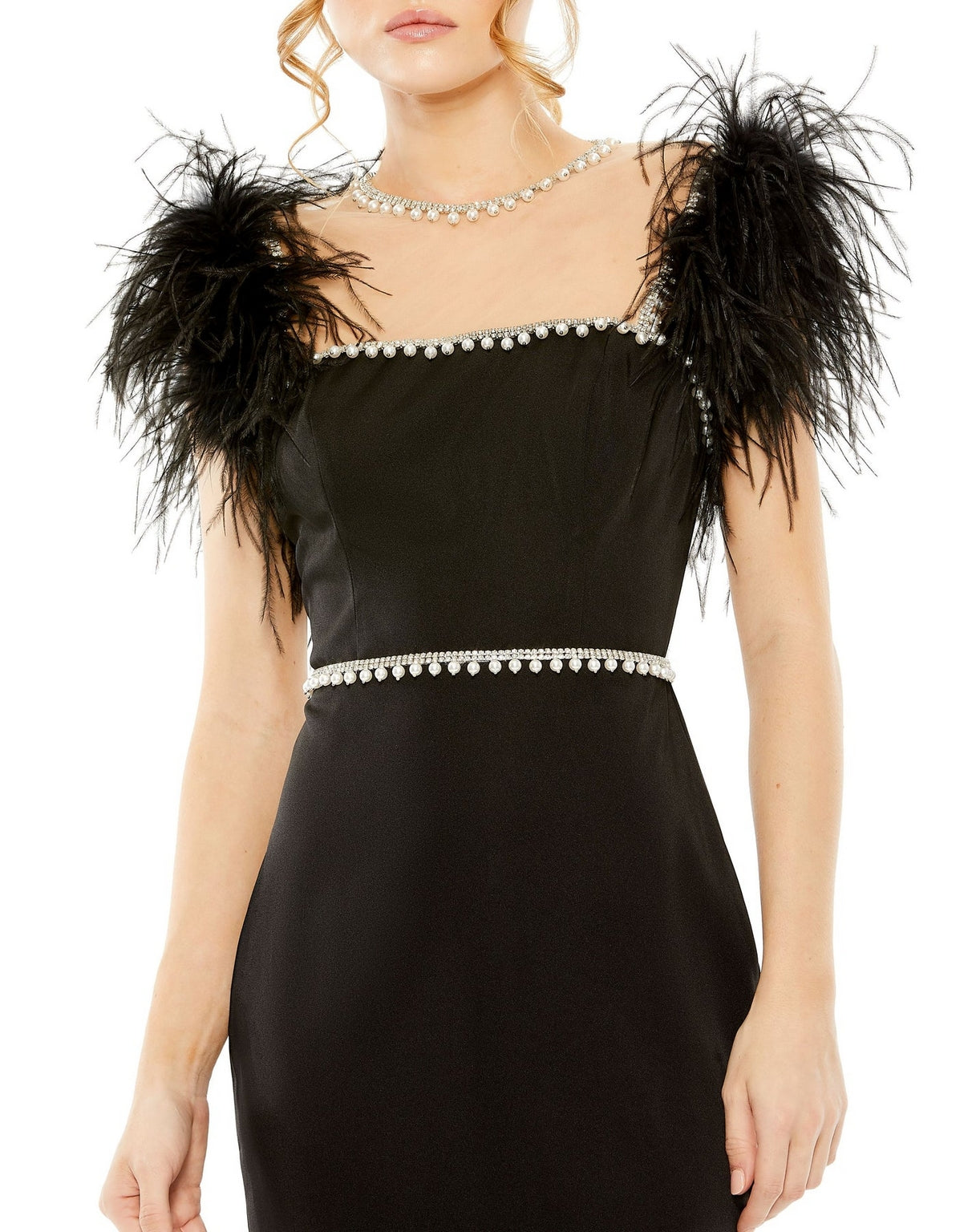 Mac Duggal 11438 Feather Cap Sleeve Pearl Embellished Tea Length Fit Dress