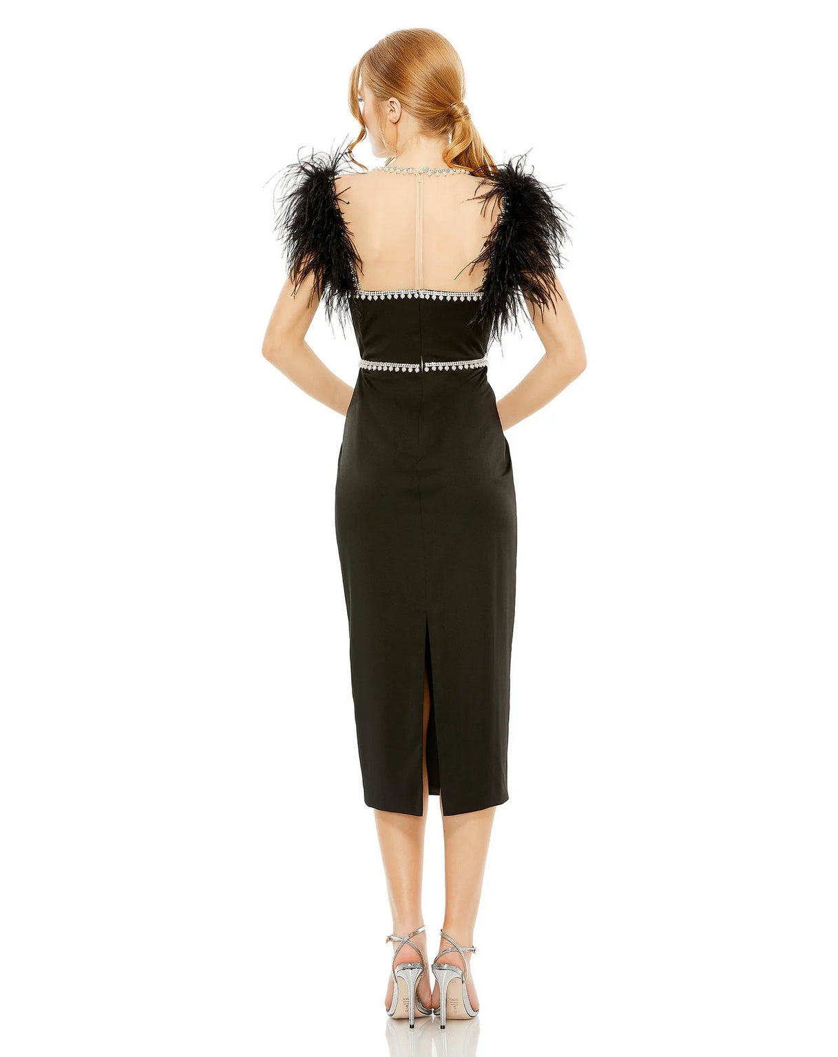 Formal Dresses Feather Cap Sleeve Pearl Embellished Tea Length Fit Dress Black