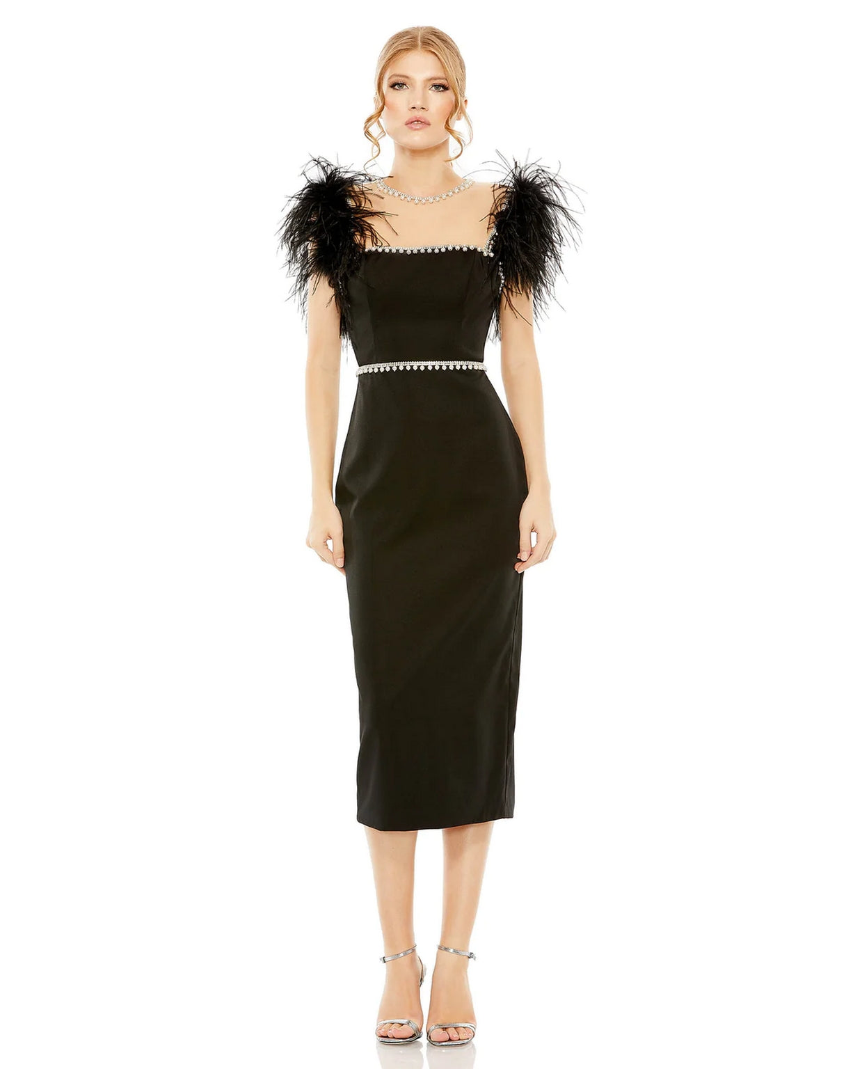 White Mac Duggal 11438 Feather Cap Sleeve Pearl Embellished Tea Length ...