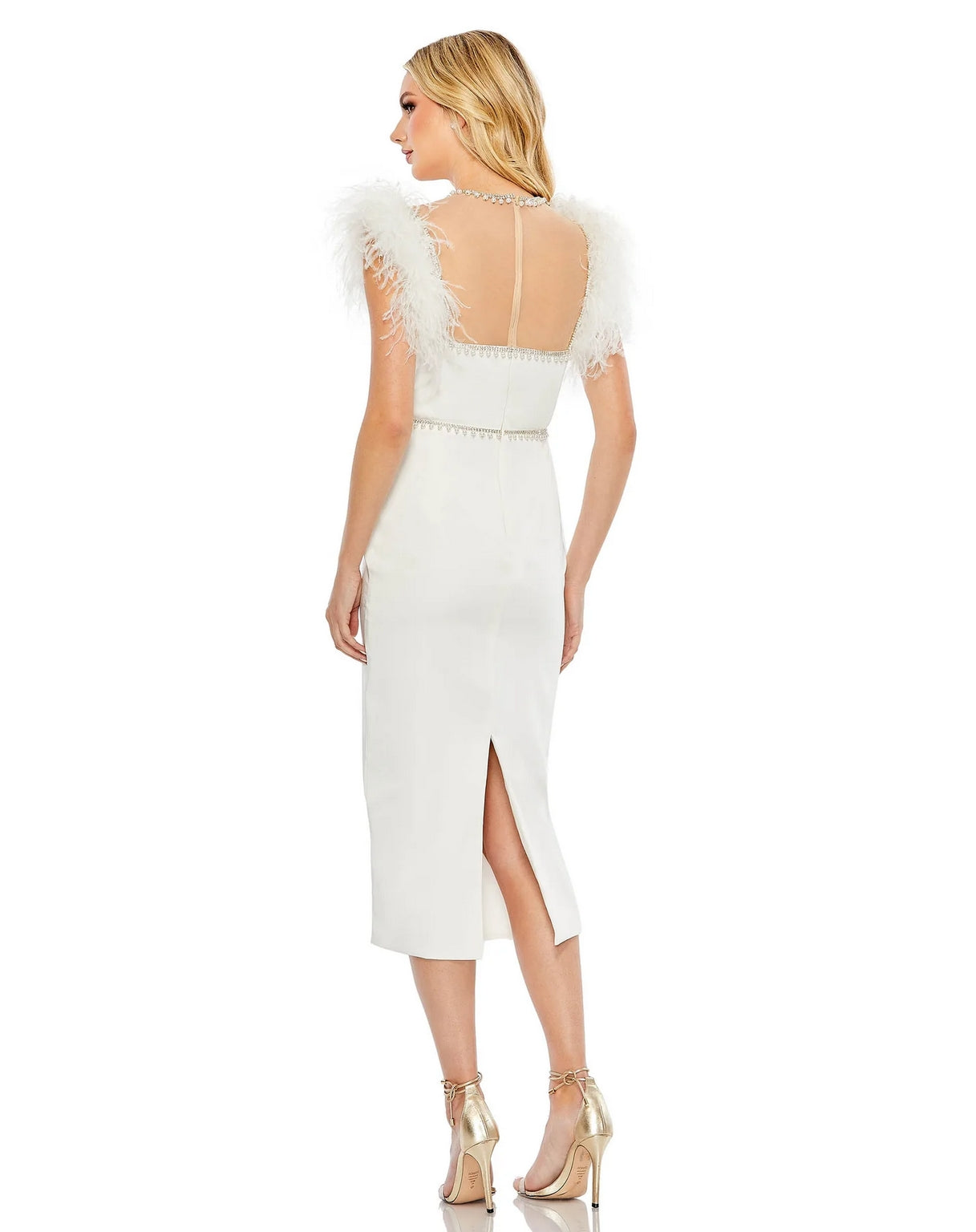 White Mac Duggal 11438 Feather Cap Sleeve Pearl Embellished Tea Length ...