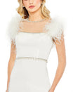 White Mac Duggal 11438 Feather Cap Sleeve Pearl Embellished Tea Length ...