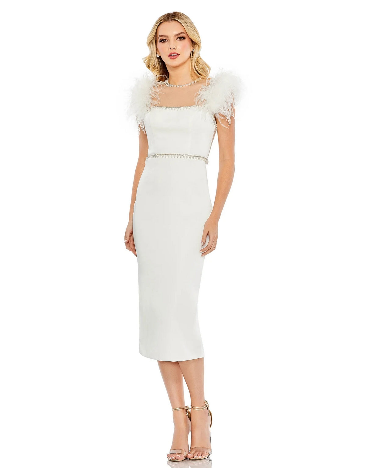 White Mac Duggal 11438 Feather Cap Sleeve Pearl Embellished Tea Length ...