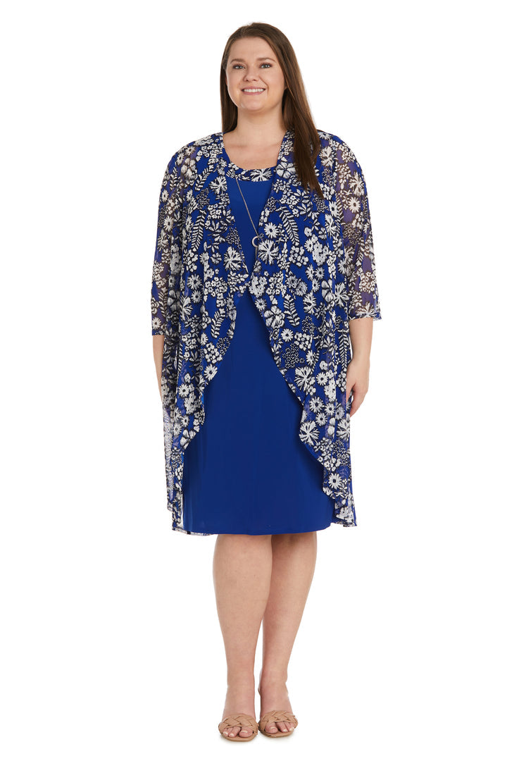 Plus Size Dresses Short Plus Size Mother of the Bride Flower Print Jacket Dress Royal/White