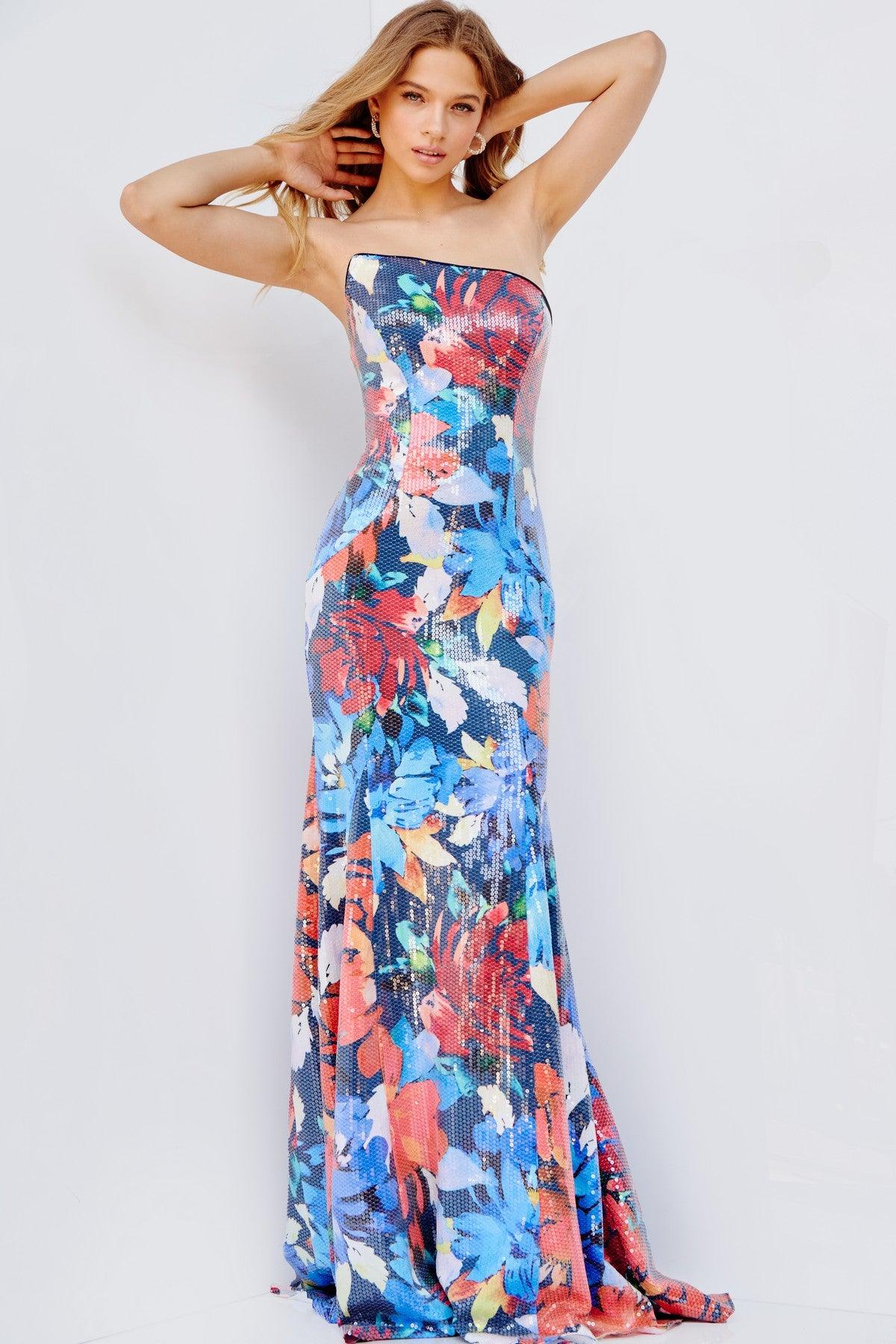Multi Jovani 23907 Long Strapless Floral Print Prom Gown for $640.0 ...