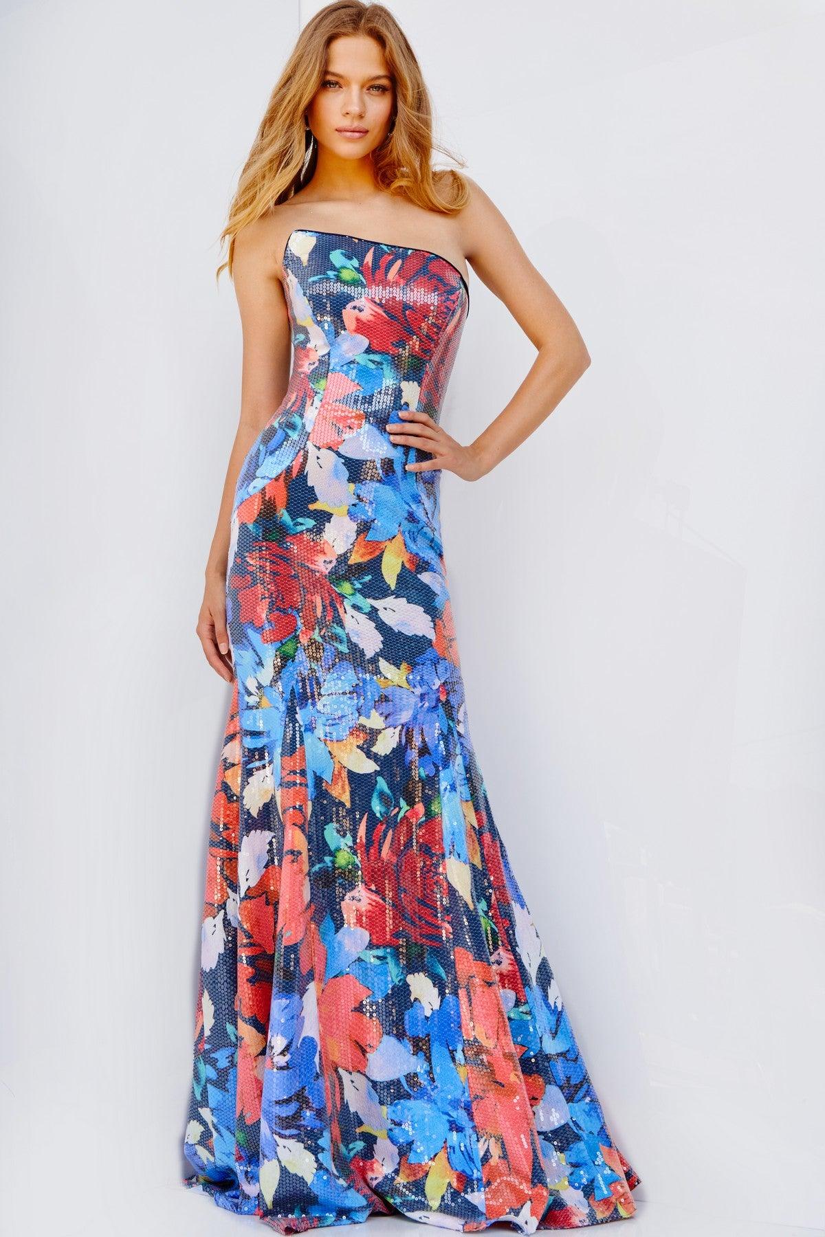 Jovani 23907 Long Strapless Floral Print Prom Gown