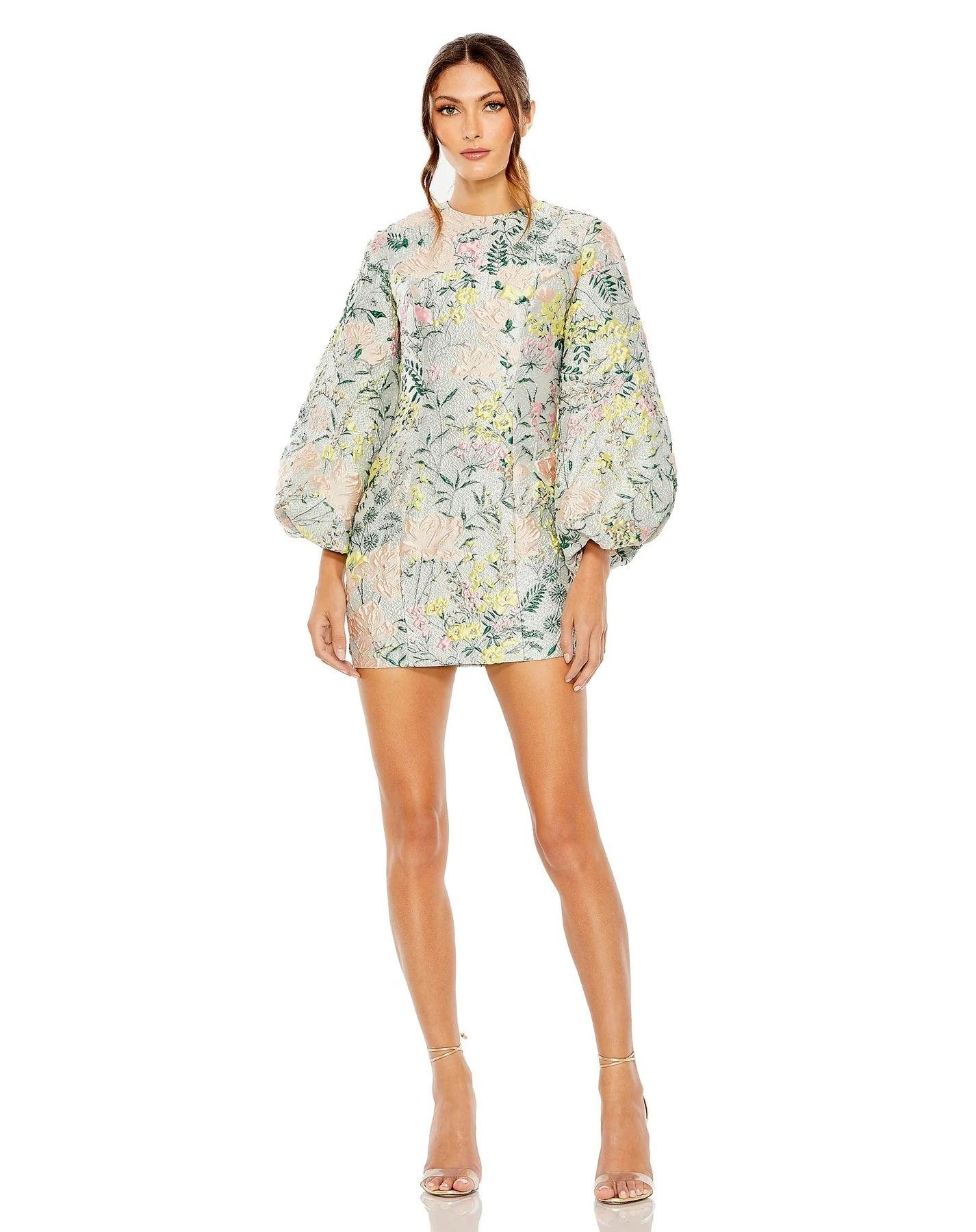 Mac Duggal 11609 Short Floral Puff Sleeve Cocktail Dress