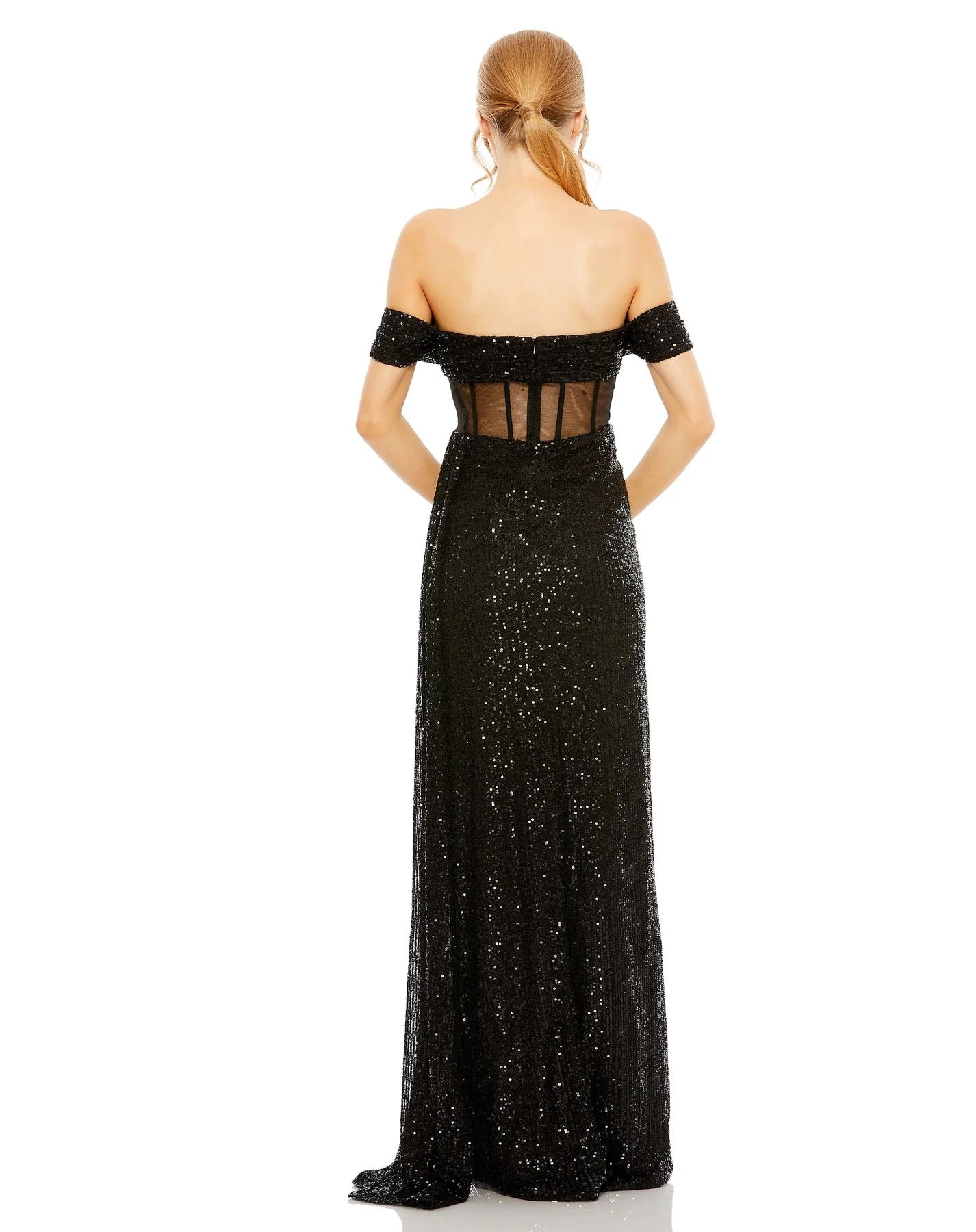 Black Mac Duggal 11665 Long Sequined Sheer Corset Waist Slit Dress for ...