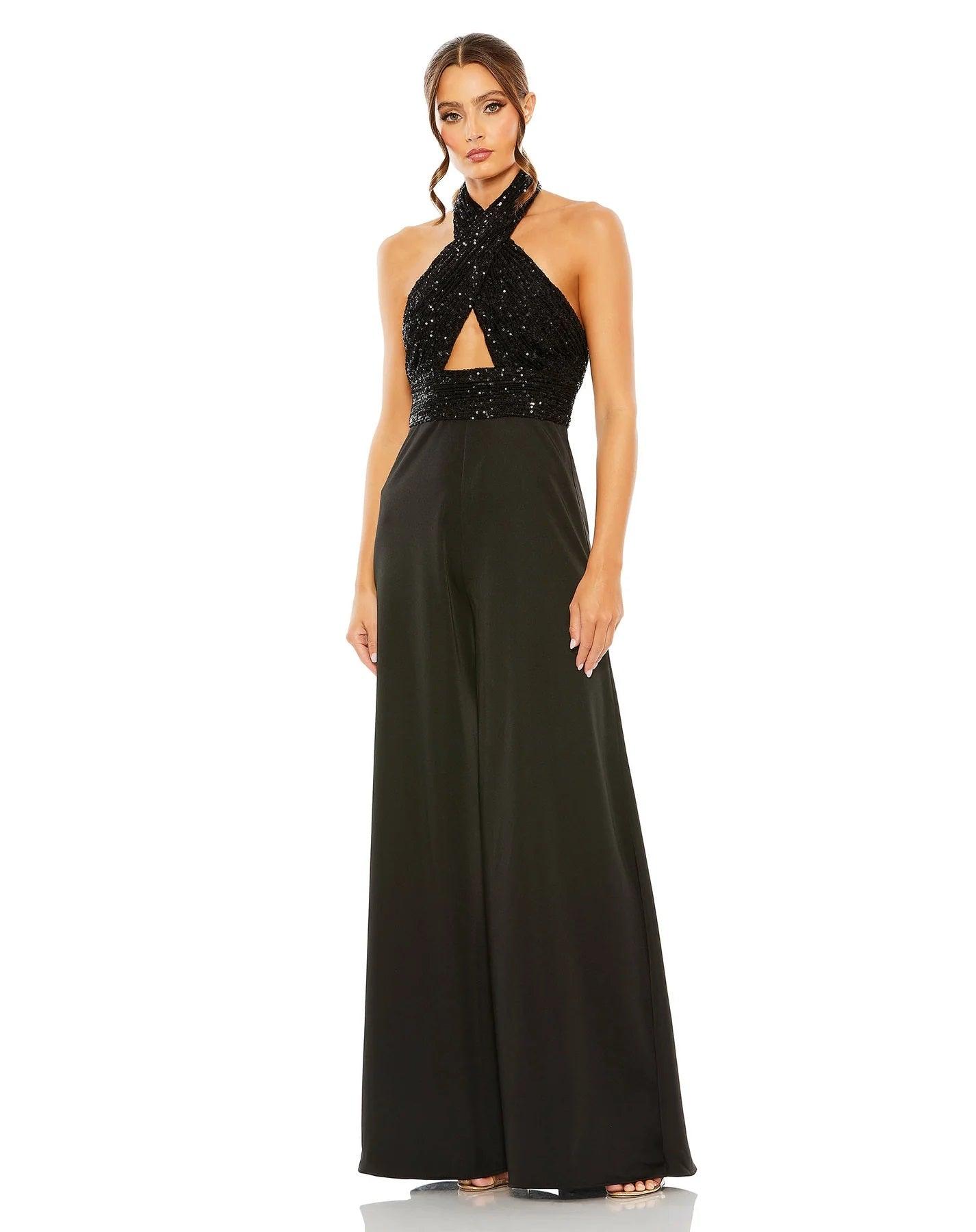 White Mac Duggal 11666 Long Halter Formal Jumpsuit for $199.0 – The