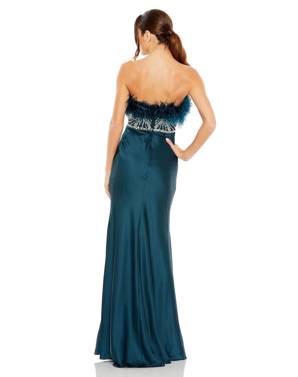Mac Duggal 11686 Long Strapless Feather Rhinestone Detailed Dress