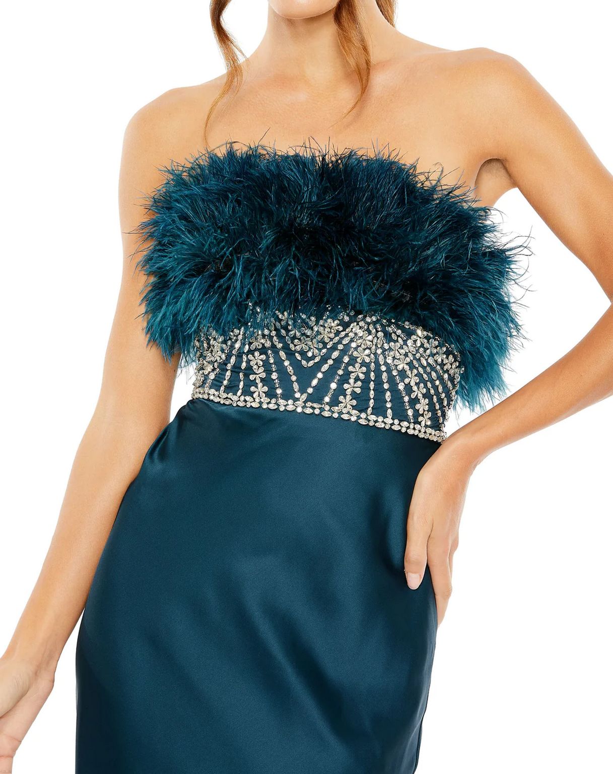 Mac Duggal 11686 Long Strapless Feather Rhinestone Detailed Dress