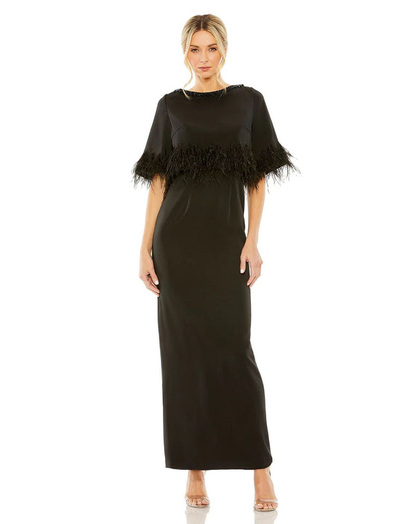 Quarter Sleeve Crystal Neck Feather Detail Long Dress Crystal Neck Feather Detail Mac Duggal 11787