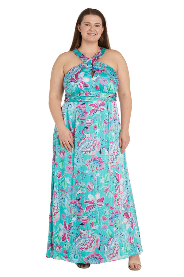 Plus Size Halter Dress Long Formal Printed Cross Over R&M Richards 1260W