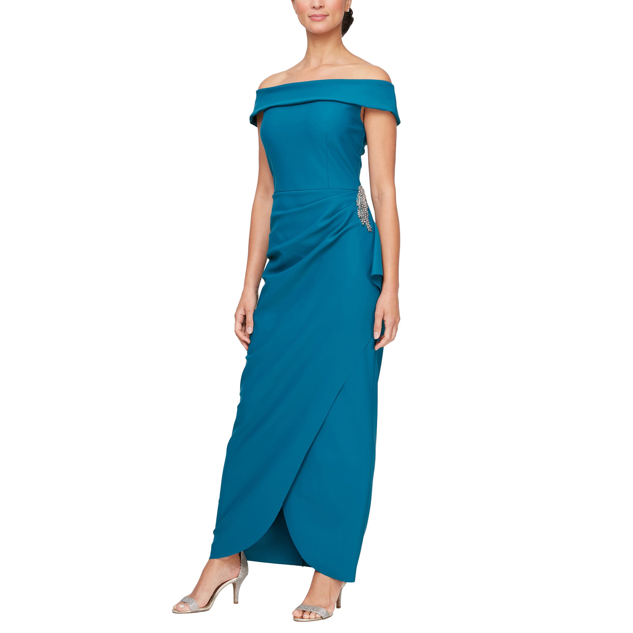 Alex Evenings Off-the-Shoulder Short Sleeve Stretch Matte Jersey Ruched Gown, Womens, 6, Deep Teal Alex Evenings Off-the-Shoulder Short Sleeve Stretch Matte Jersey Ruched Gown, Womens, 6, Deep Teal