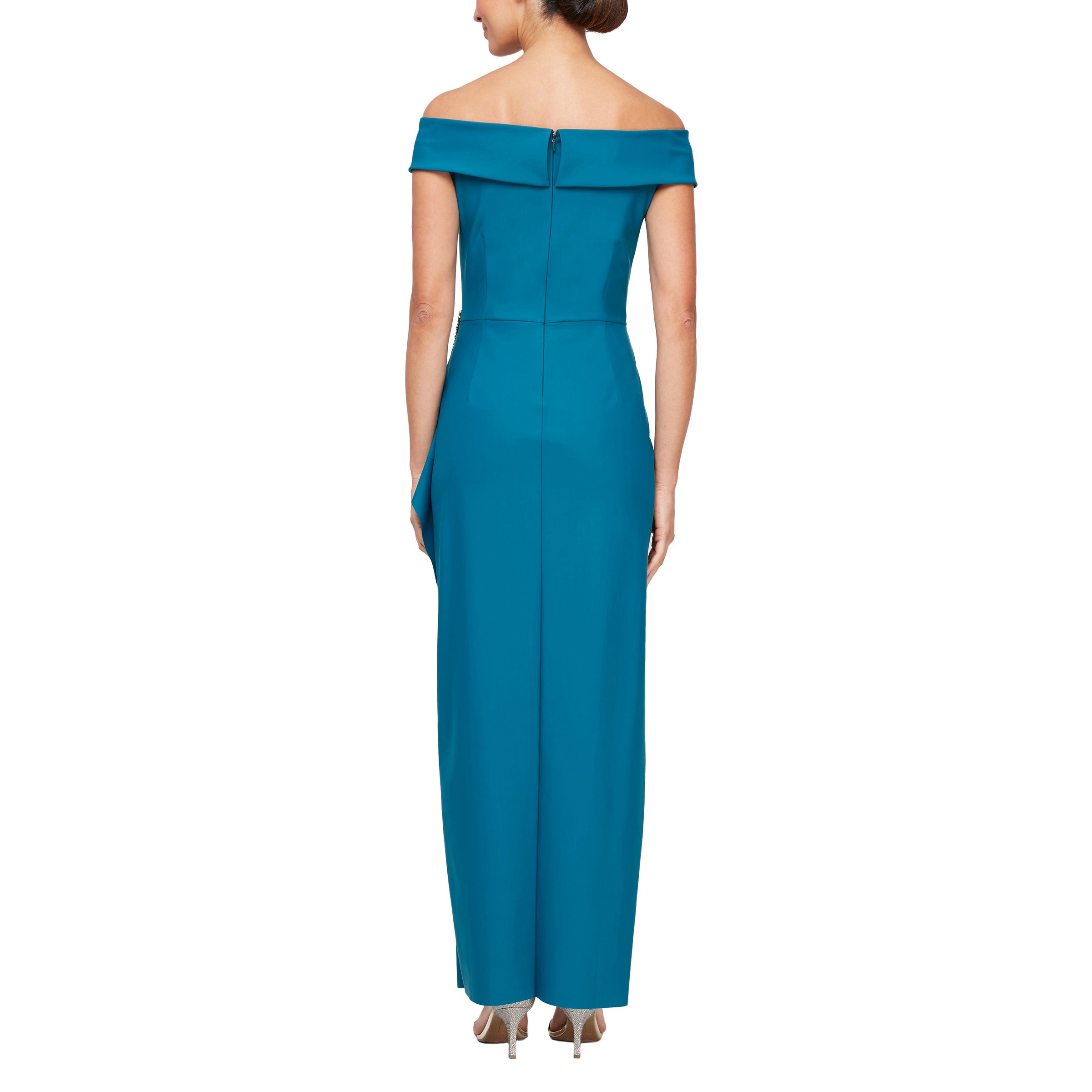 Alex Evenings Off-the-Shoulder Short Sleeve Stretch Matte Jersey Ruched Gown, Womens, 6, Deep Teal