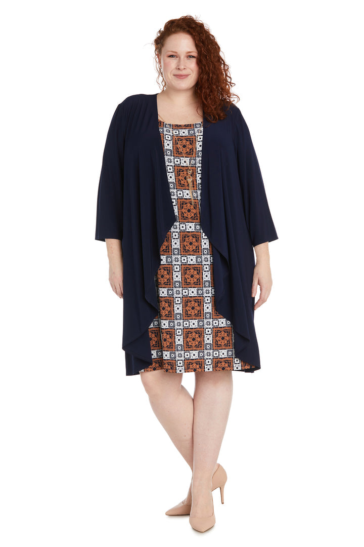 Plus Size Dresses Plus Size Pattered Mother of the Bride Jacket Dress Navy/Clay