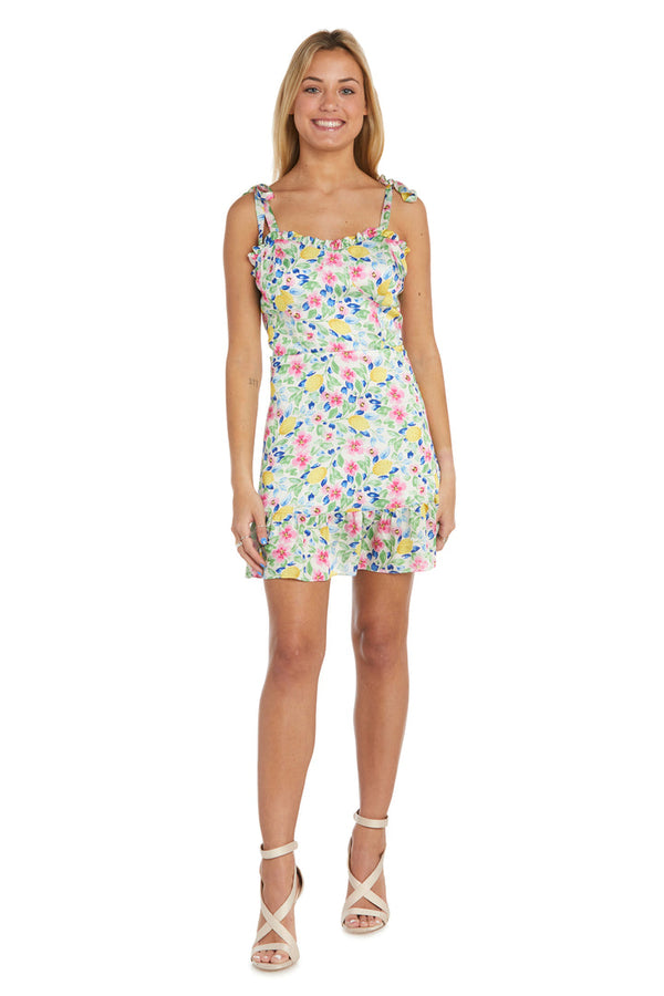 Morgan & Co 1361 Short Lemon Floral Print Cocktail Dress