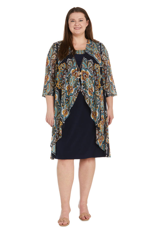 Plus Size Dresses Short Foil Print Mother of the Bride Plus Size Dress Navy/Gold