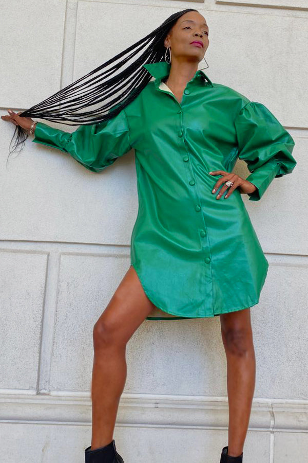 Long Sleeve Button Down Leather Jacket Dress