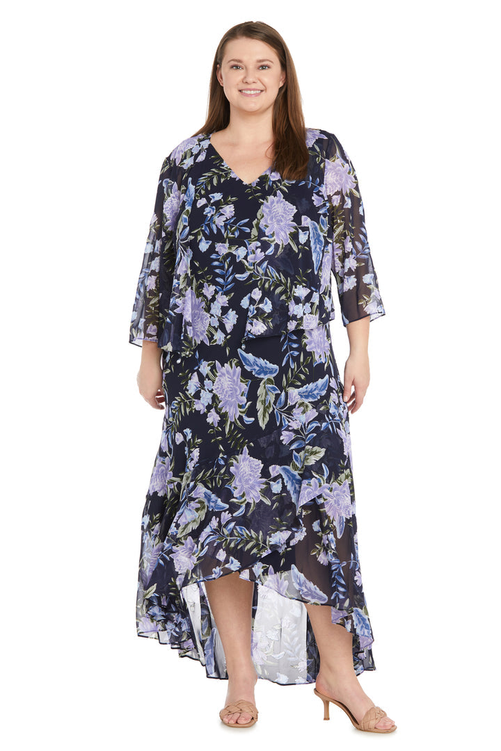 Plus Size Dresses High Low Printed Plus Size Mother of the Bride Jacket Dresses Navy/Silver