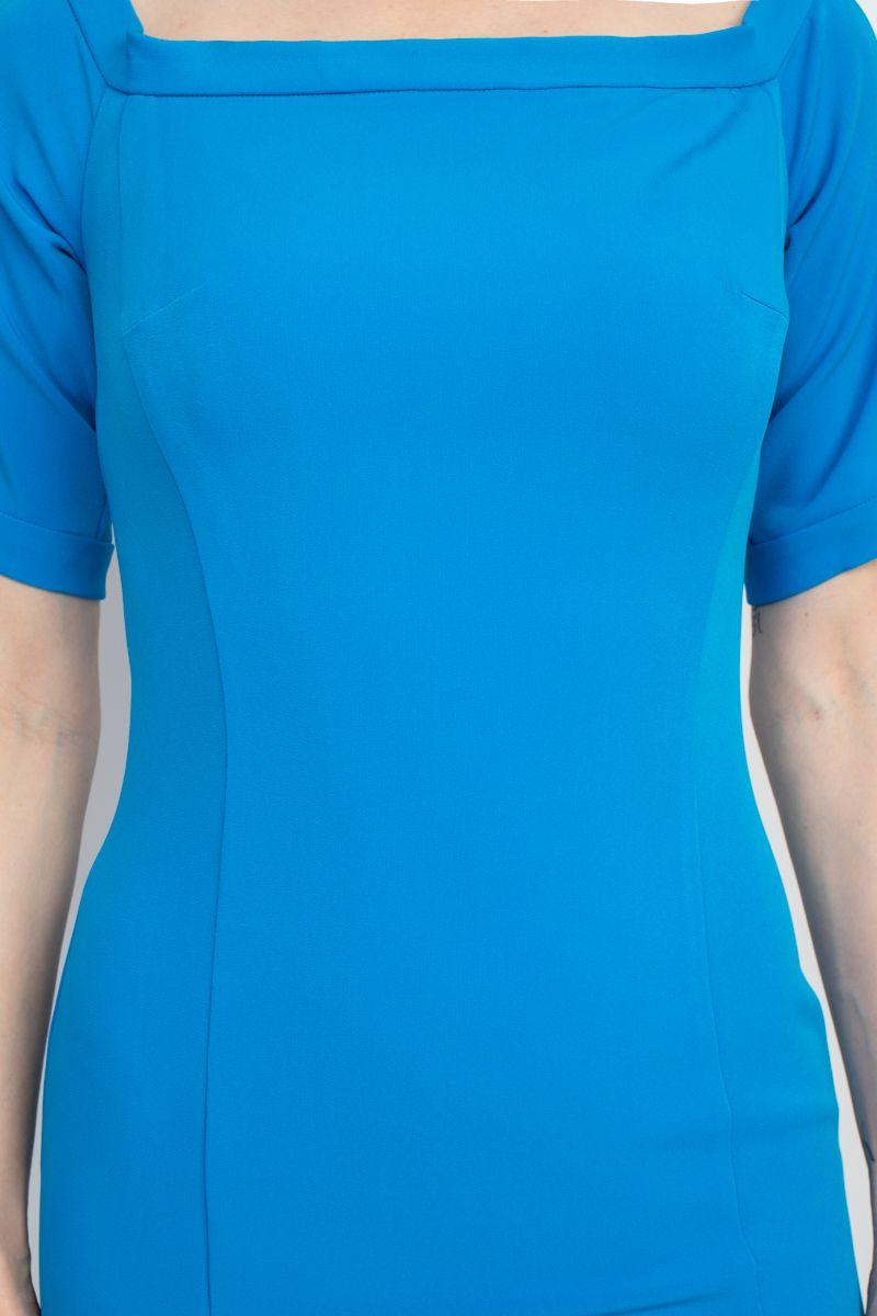 Formal Dresses  Square Neck Bow Shoulder Detail Short Sleeve Bodycon Zipper Back Slit Side Solid Scuba Dress ELECTRIC BLUE
