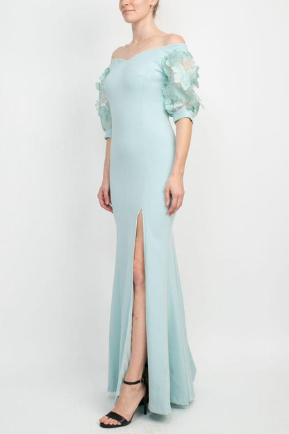 Formal Dresses V-Neck Short Embellished Lace Sleeve Zipper Back Bodycon Slit Side Scuba Dress Sky Blue