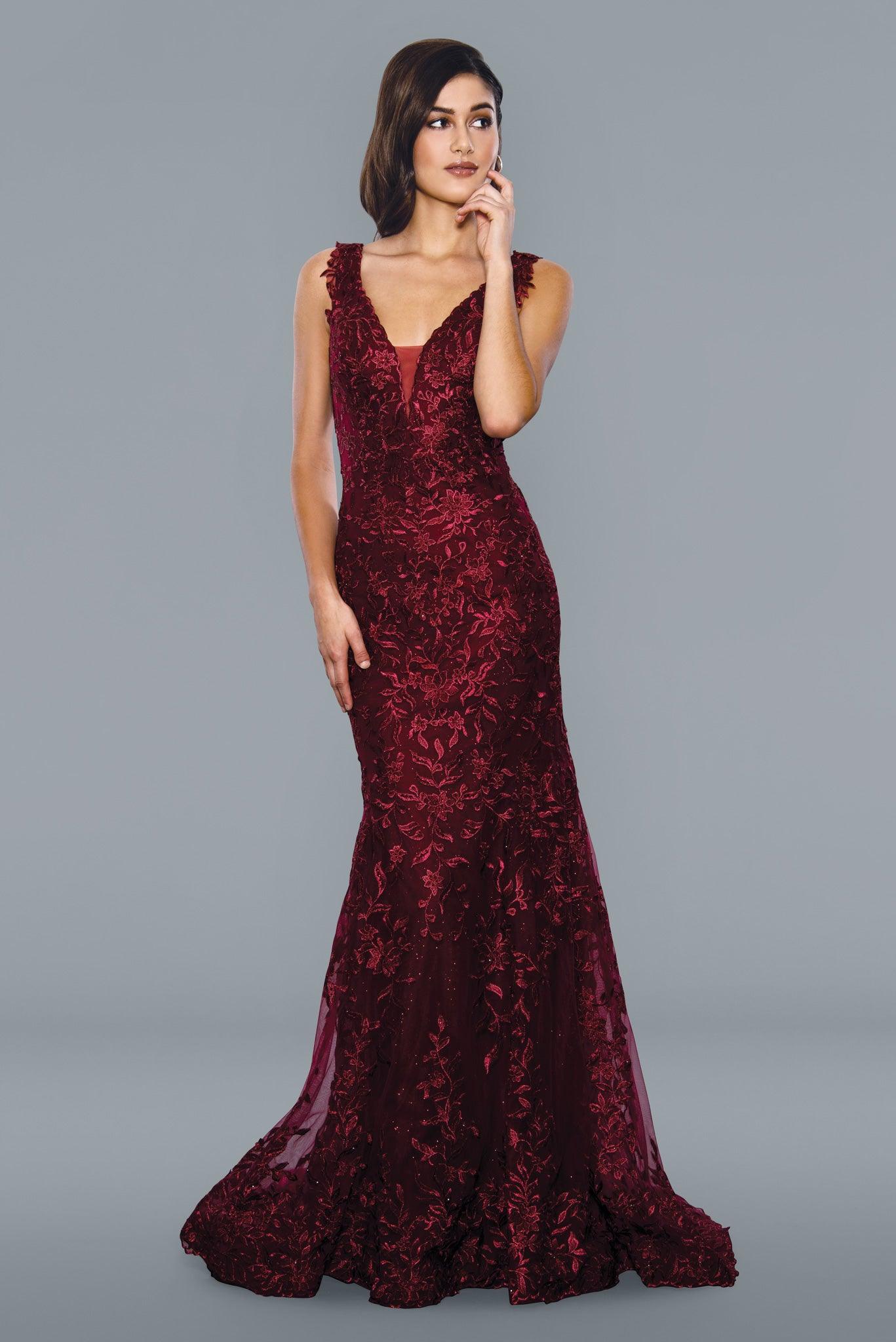 Long Fitted Sleeveless Prom Gown Wine