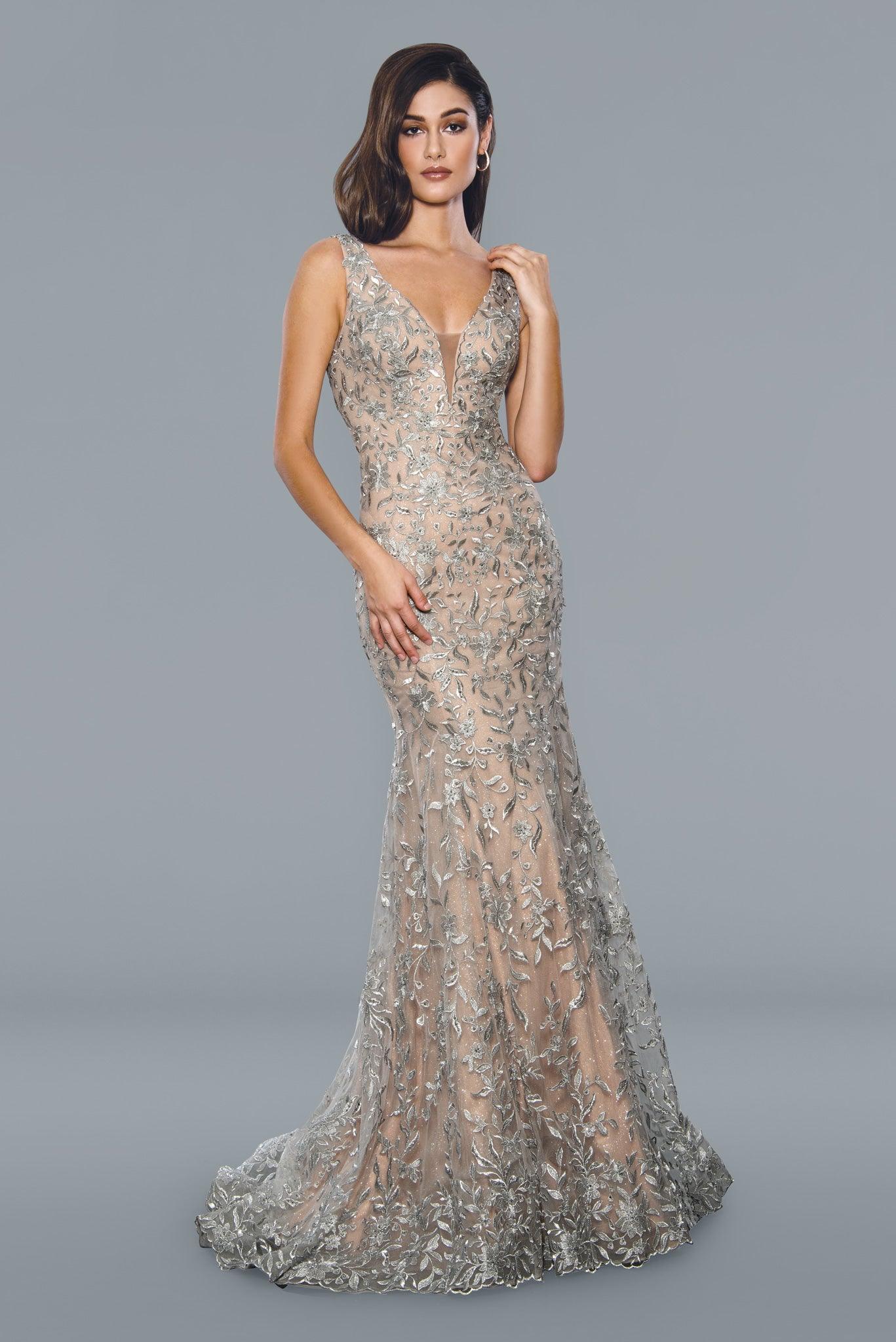 Long Fitted Sleeveless Prom Gown Silver