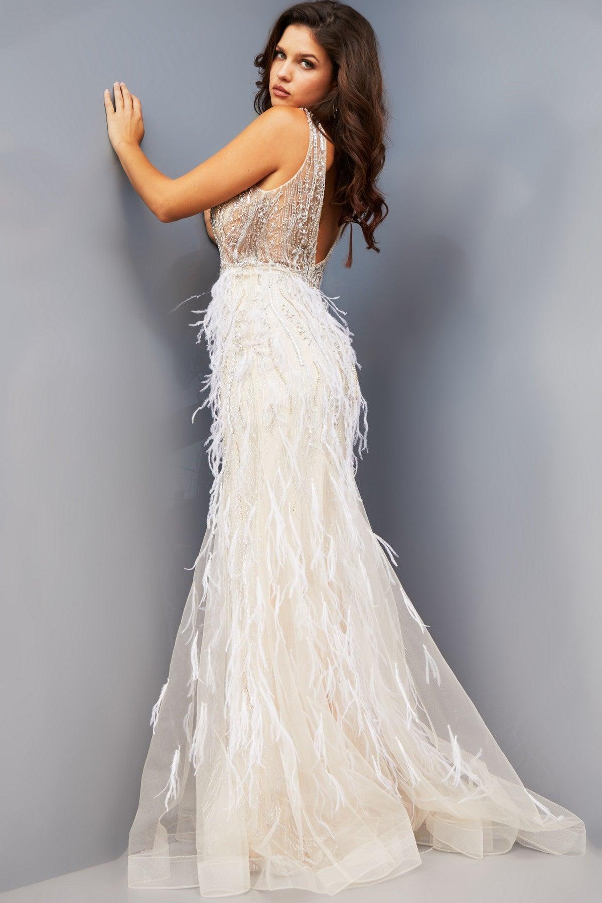 Beige Jovani 08144 Prom Long Sleeveless Beaded Formal Dress for $750.0 – The Dress Outlet
