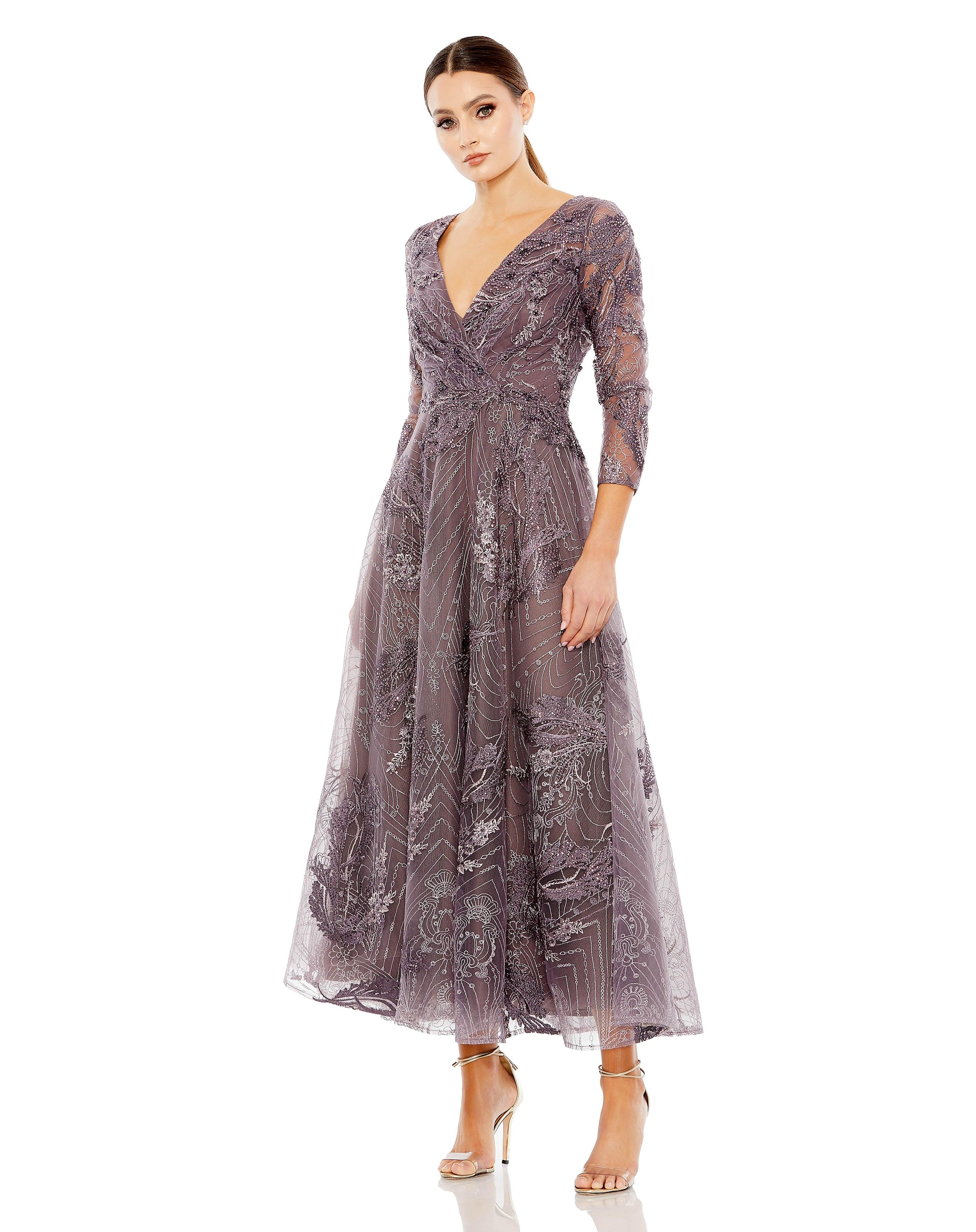 Mac Duggal Embellished Wrap-Over 3/4 Sleeve Dress, Size 6, Aubergine Mac Duggal Embellished Wrap-Over 3/4 Sleeve Dress, Size 6, Aubergine