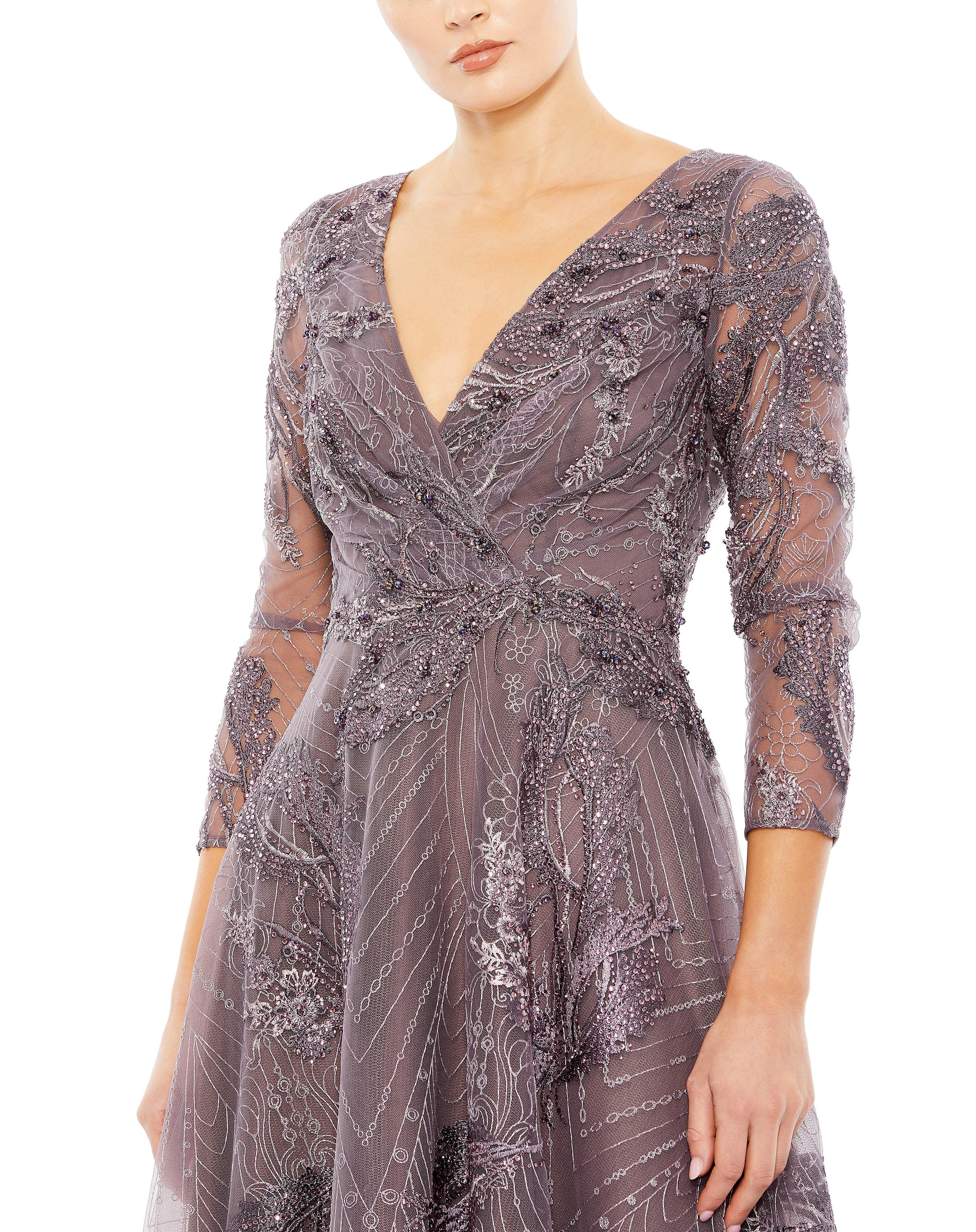 Mac Duggal Embellished Wrap-Over 3/4 Sleeve Dress, Size 6, Aubergine