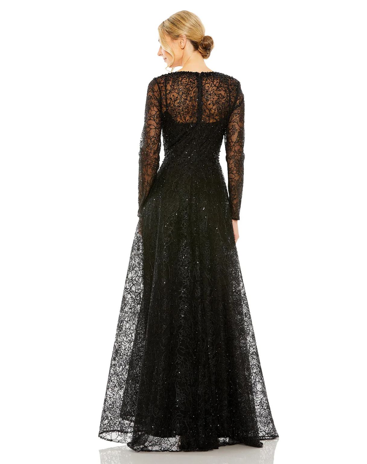 Black Mac Duggal 20367 Crystal Embellished Long Sleeve V Neck Dress