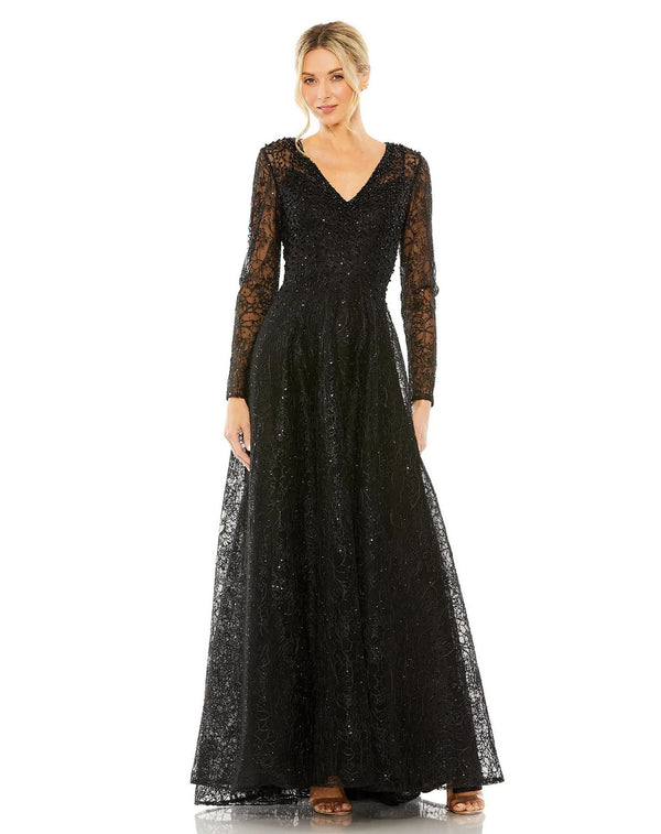 Crystal Embellished Long Sleeve V Neck Dress Crystal Embellishment & Long Sleeves Mac Duggal 20367