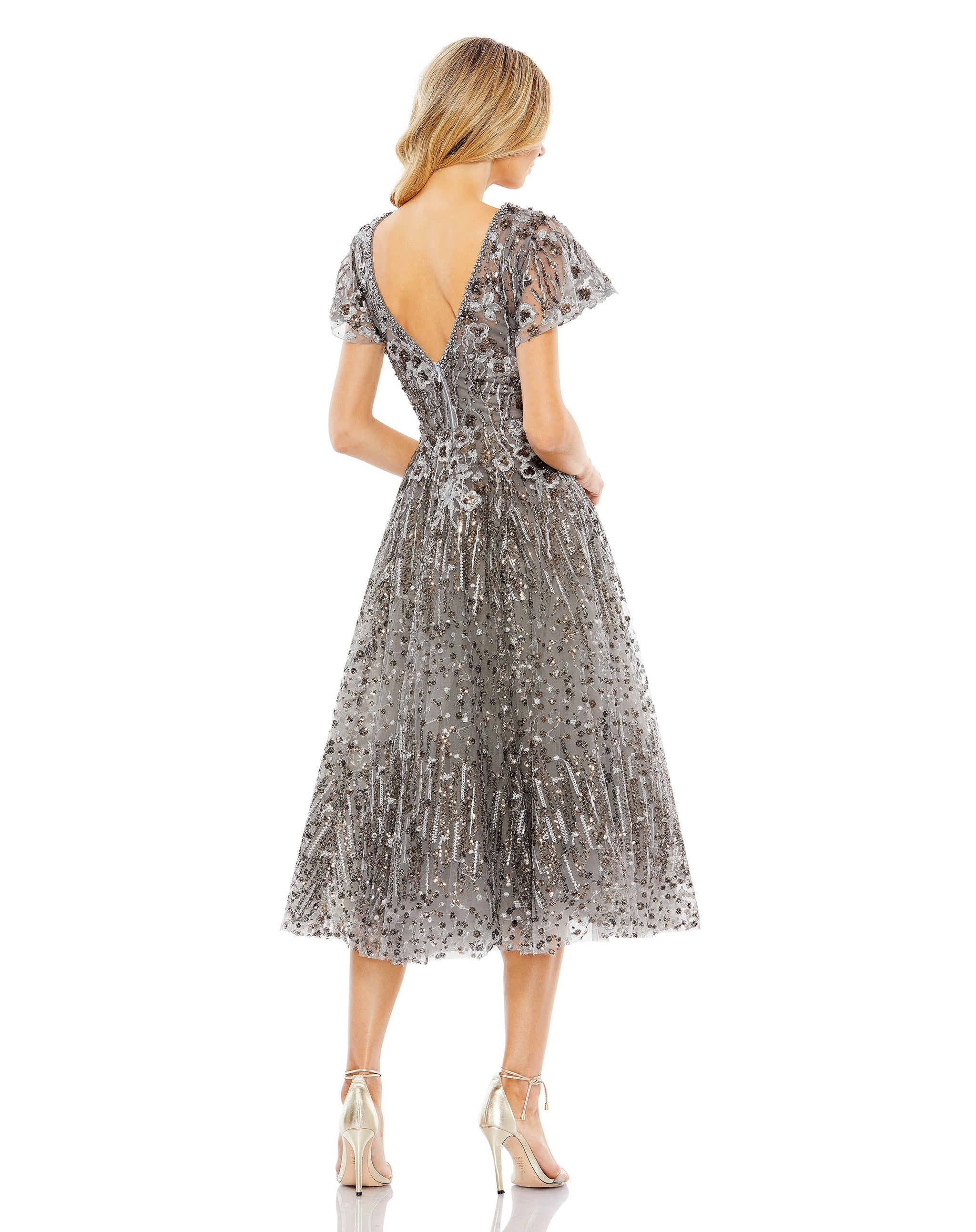 Mac Duggal 20392 Short Sleeve Tea Length Formal Dress The Dress Outlet