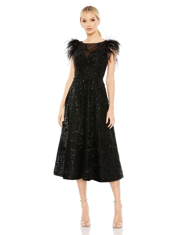 Feather Sleeve Tea Length Formal Dress Feather Sleeves & Tea Length Mac Duggal 20400