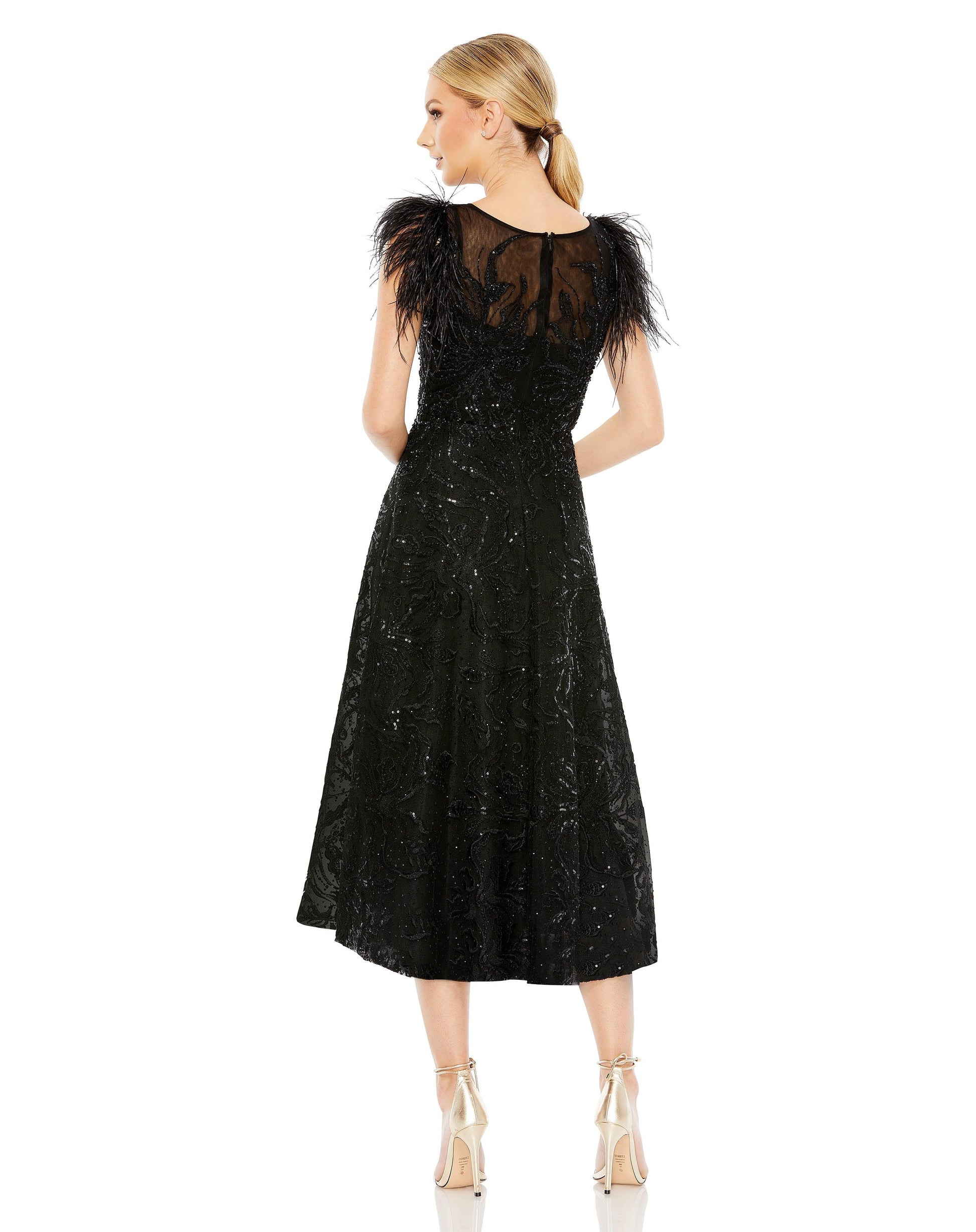 Mac Duggal 20400 Feather Sleeve Tea Length Formal Dress