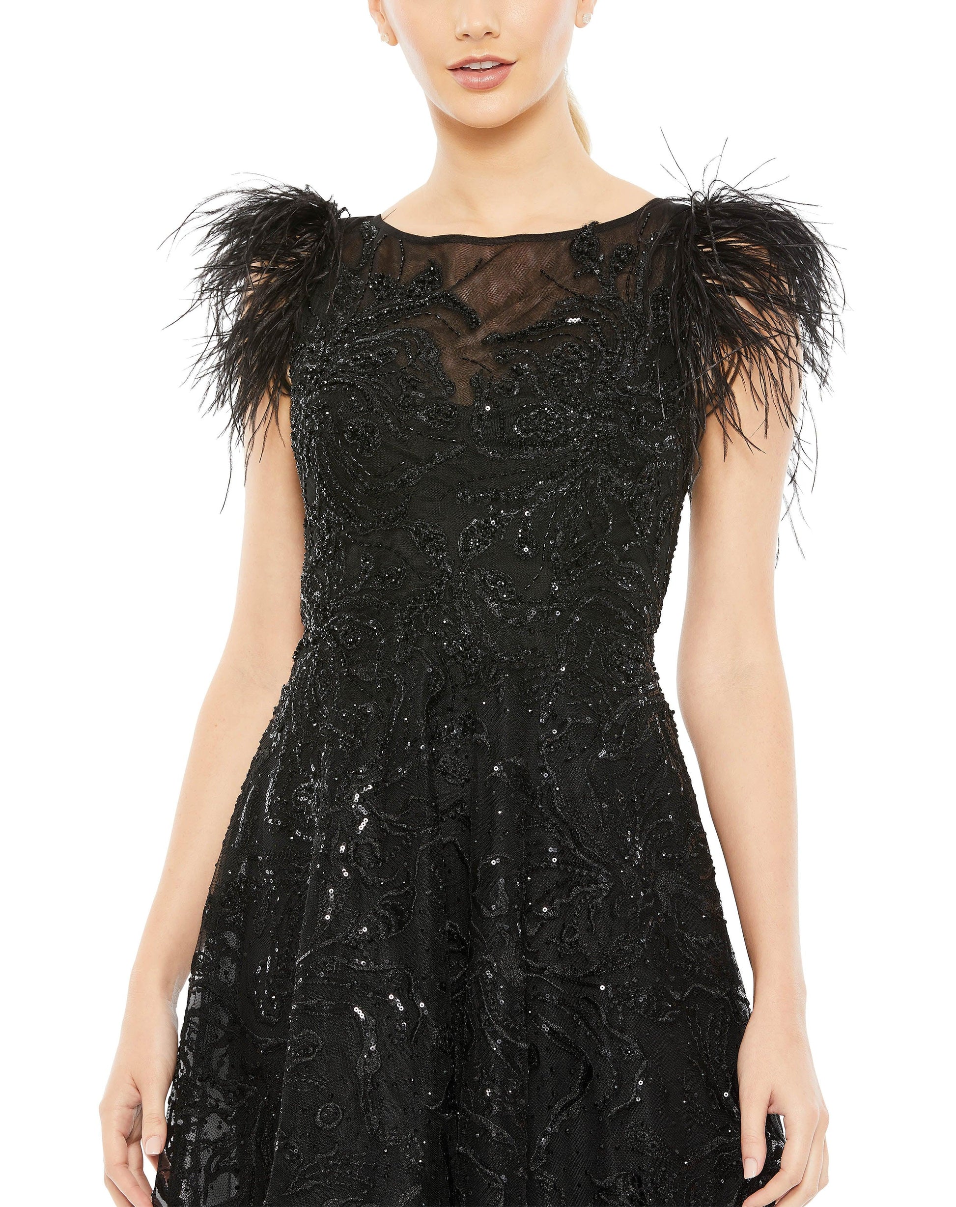 Mac Duggal 20400 Feather Sleeve Tea Length Formal Dress