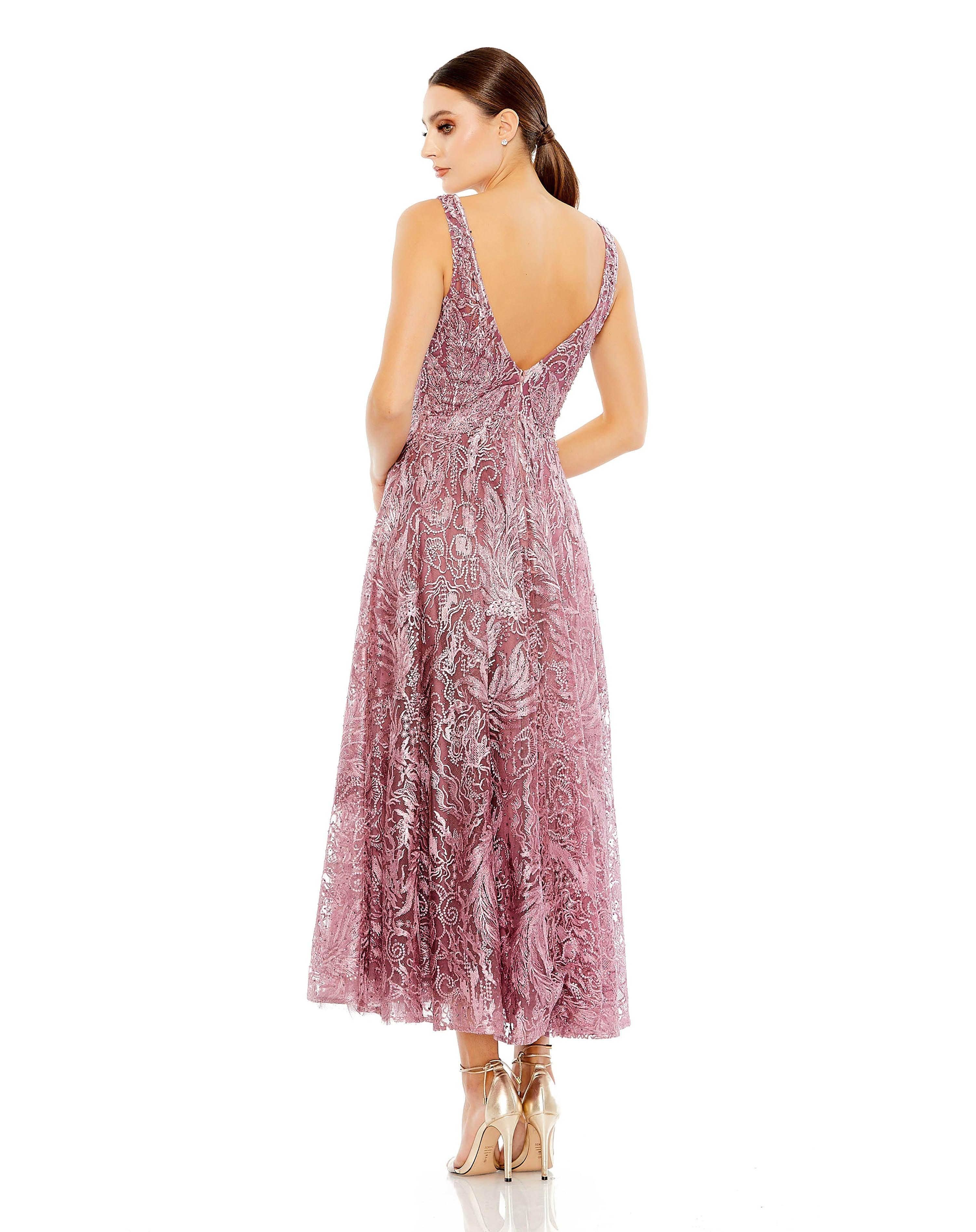 Formal Dresses Tea Length Beaded Lace Formal Dress Mauve