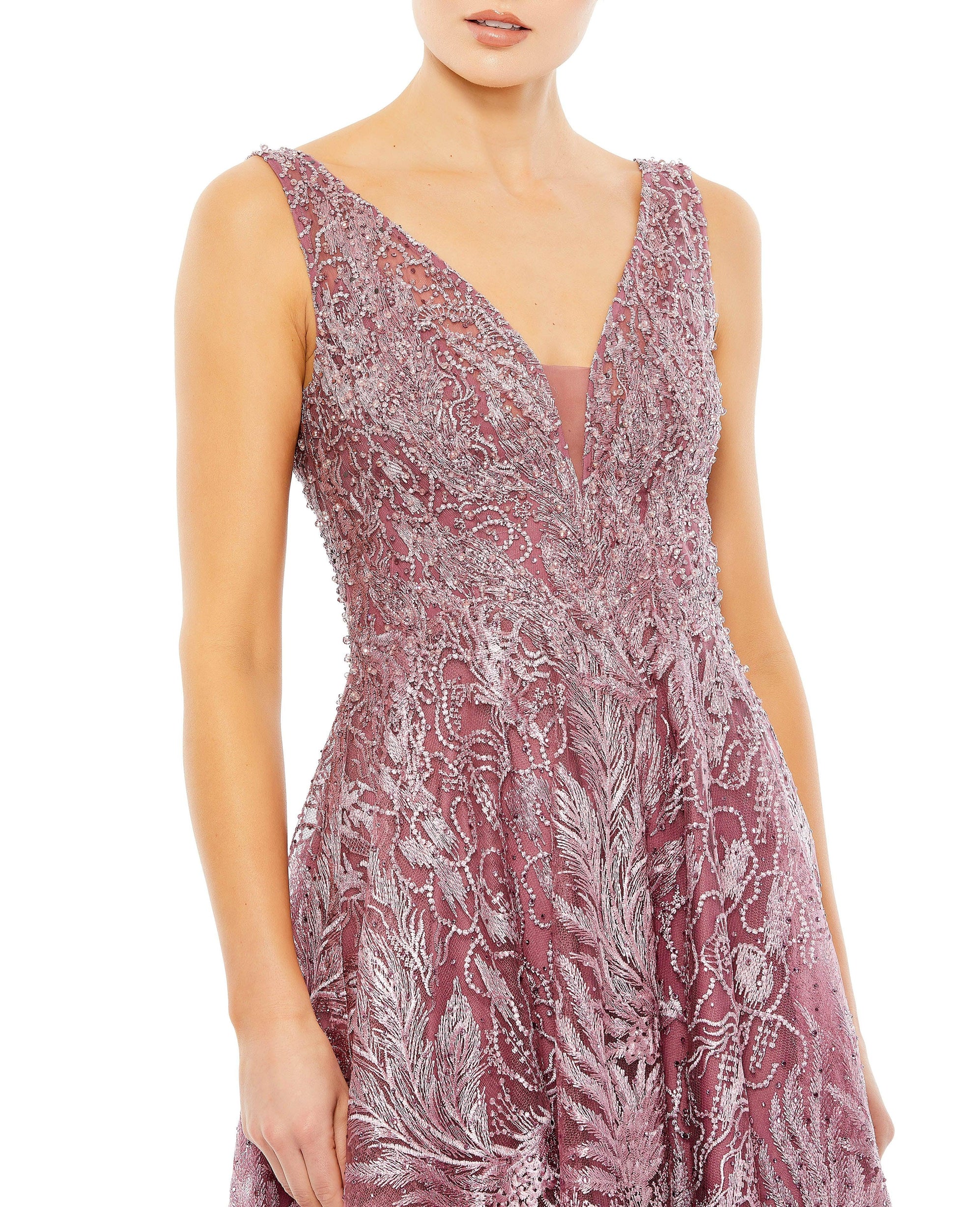 Mac Duggal 20422 Tea Length Beaded Lace Formal Dress
