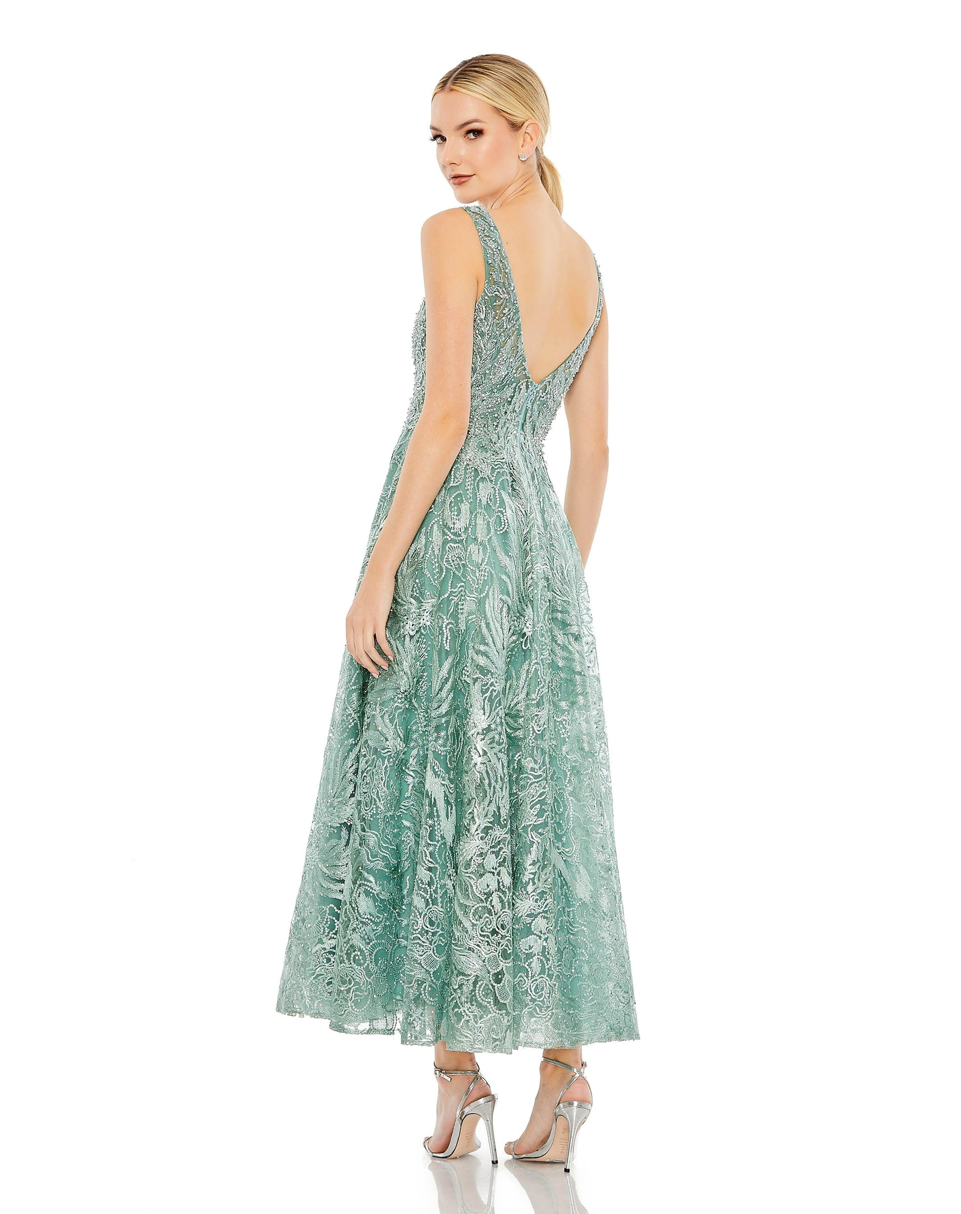 Mac Duggal 20422 Tea Length Beaded Lace Formal Dress