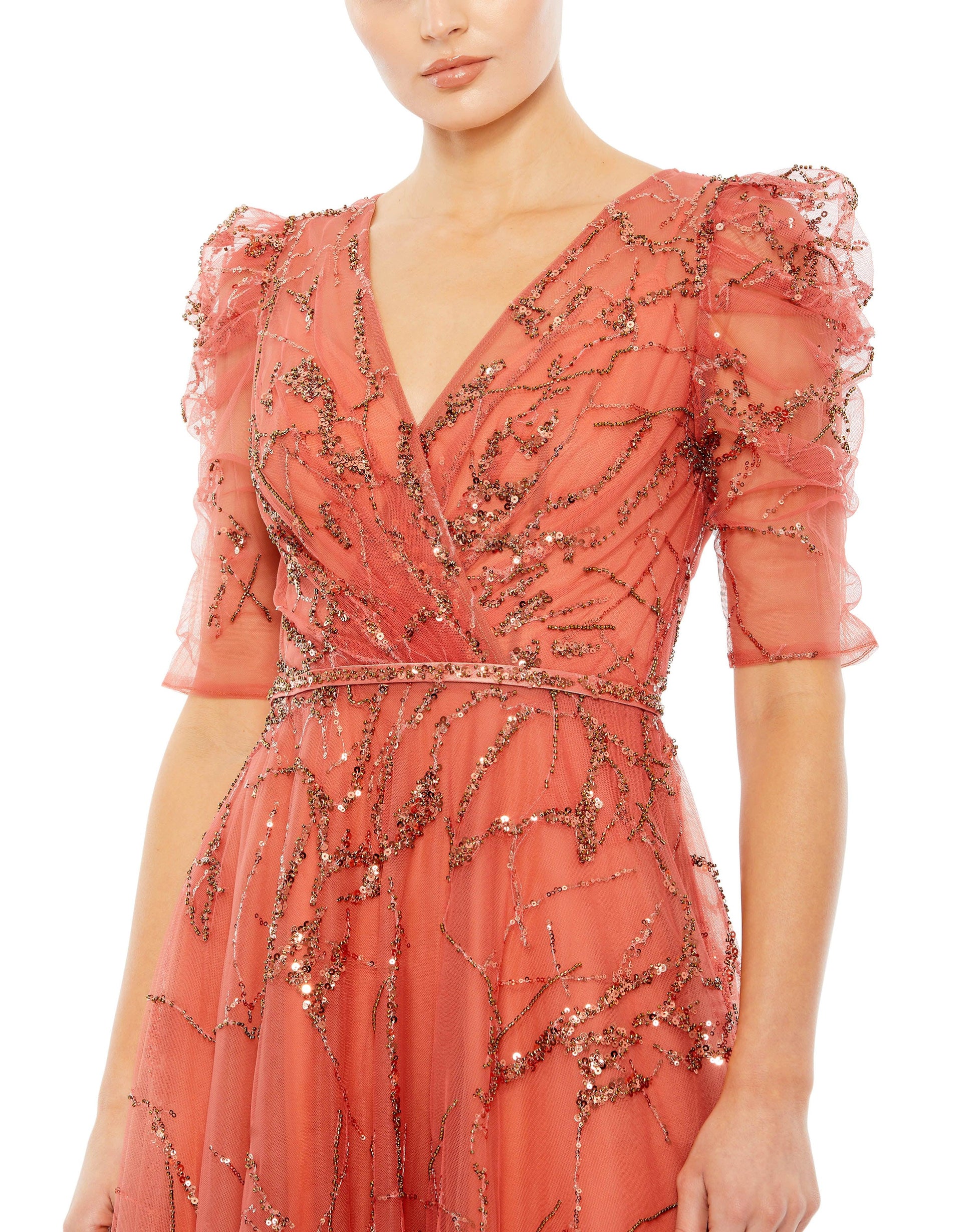 Mac Duggal 20428 Long Formal Puff Sleeve Dress