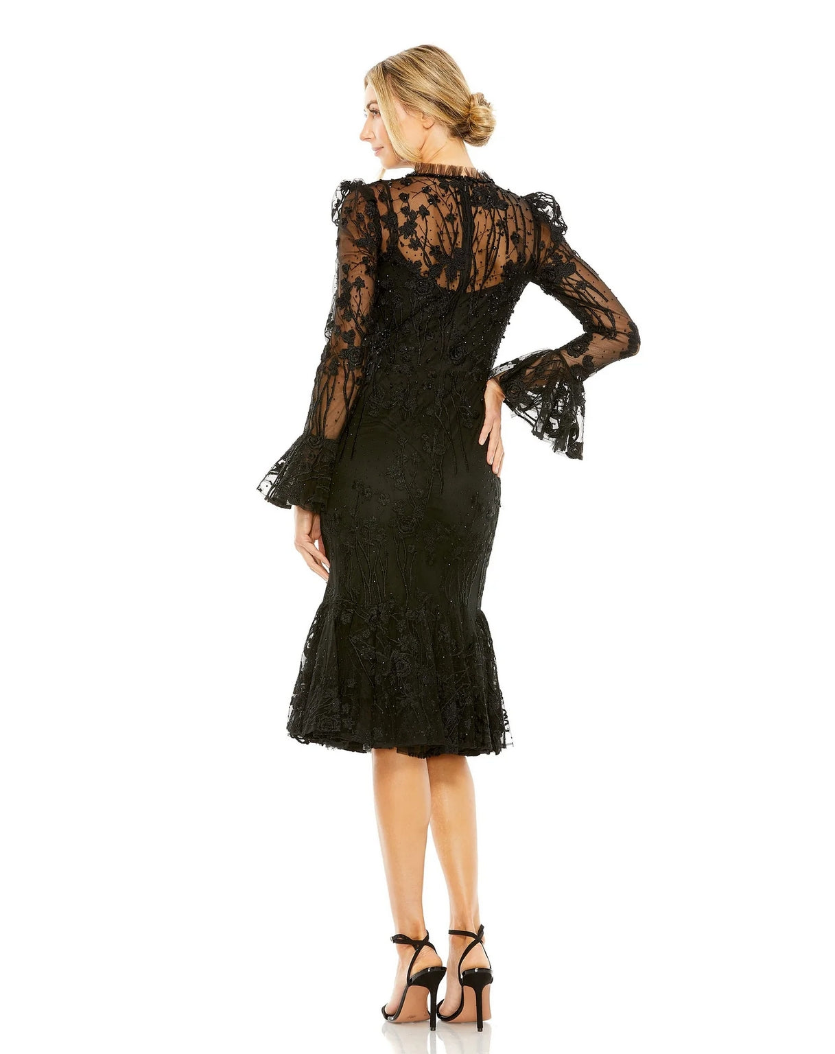 Black Mac Duggal 20431 Ruffle Wrist Embellished High Neck Midi Dress
