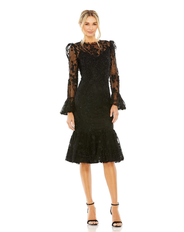 Cocktail Dresses Ruffle Wrist Embellished High Neck Midi Dress Black