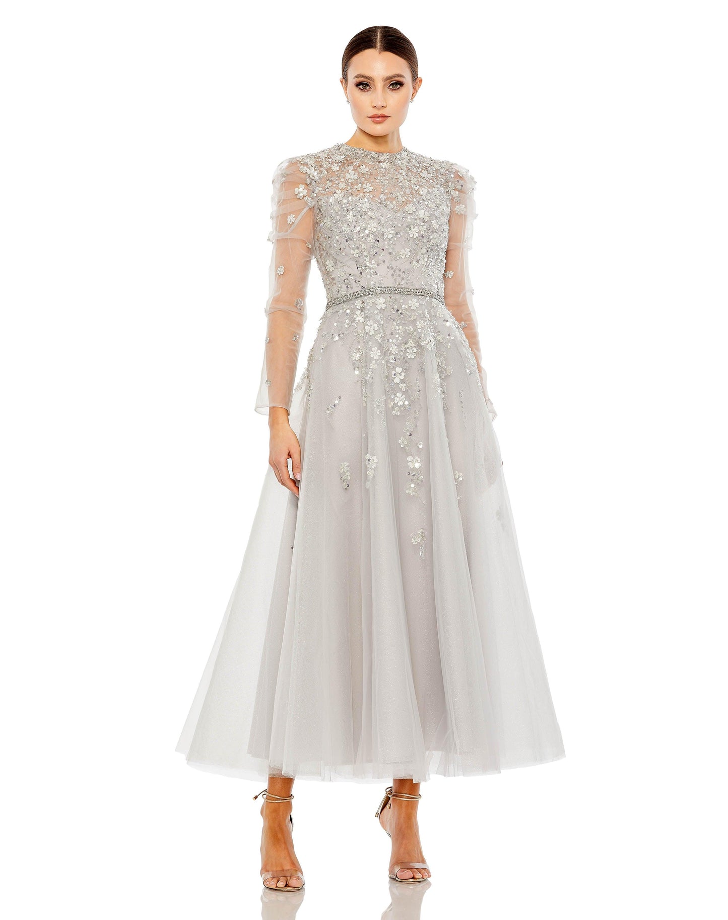 Mother of the Bride Dresses Long Sleeve Tea Length Dress Platinum