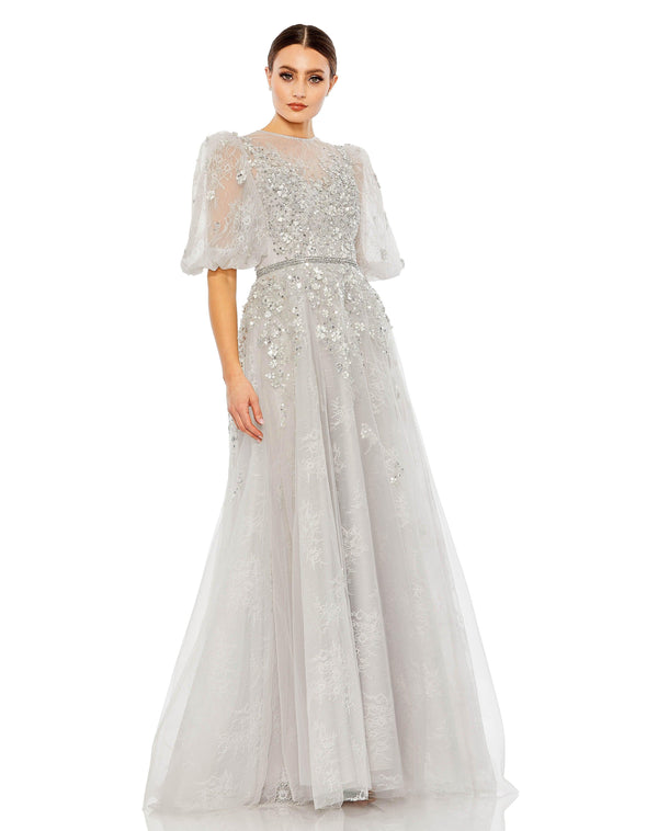 Long Short Sleeve Formal Lace Dress Lace Detail & Short Sleeves Mac Duggal 20445