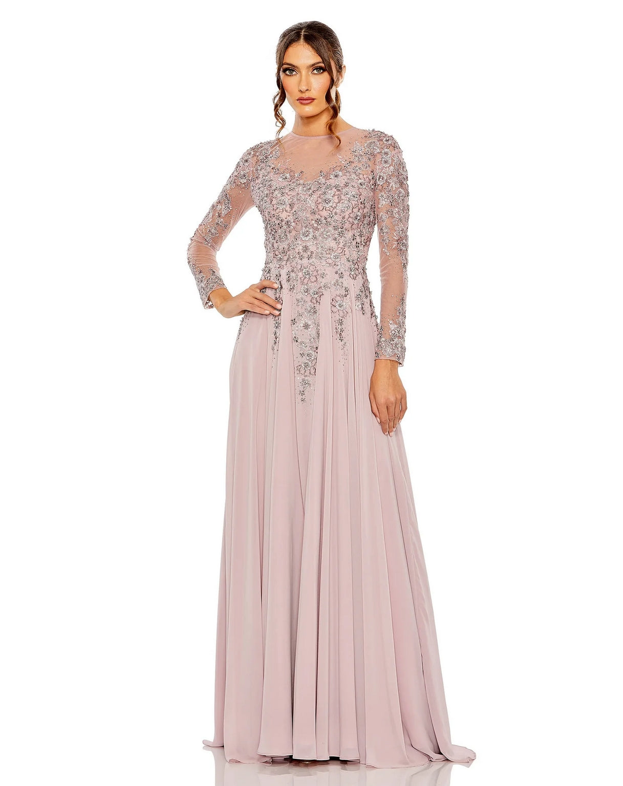 Mac Duggal 20478 High Neck Long Sleeve Embellished A Line Dress