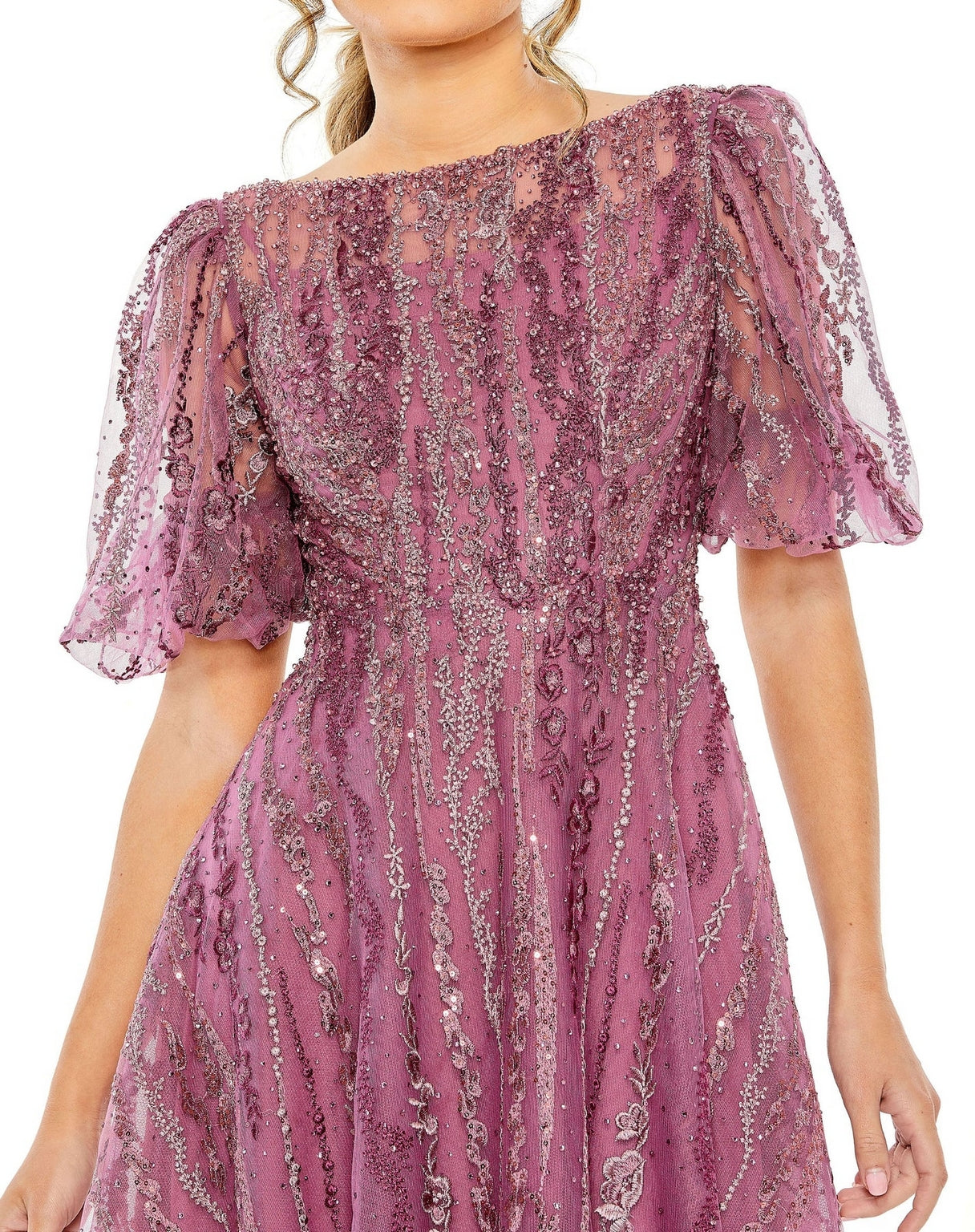 Mac Duggal 20485 Puff Sleeve Embellished A Line Midi Dress