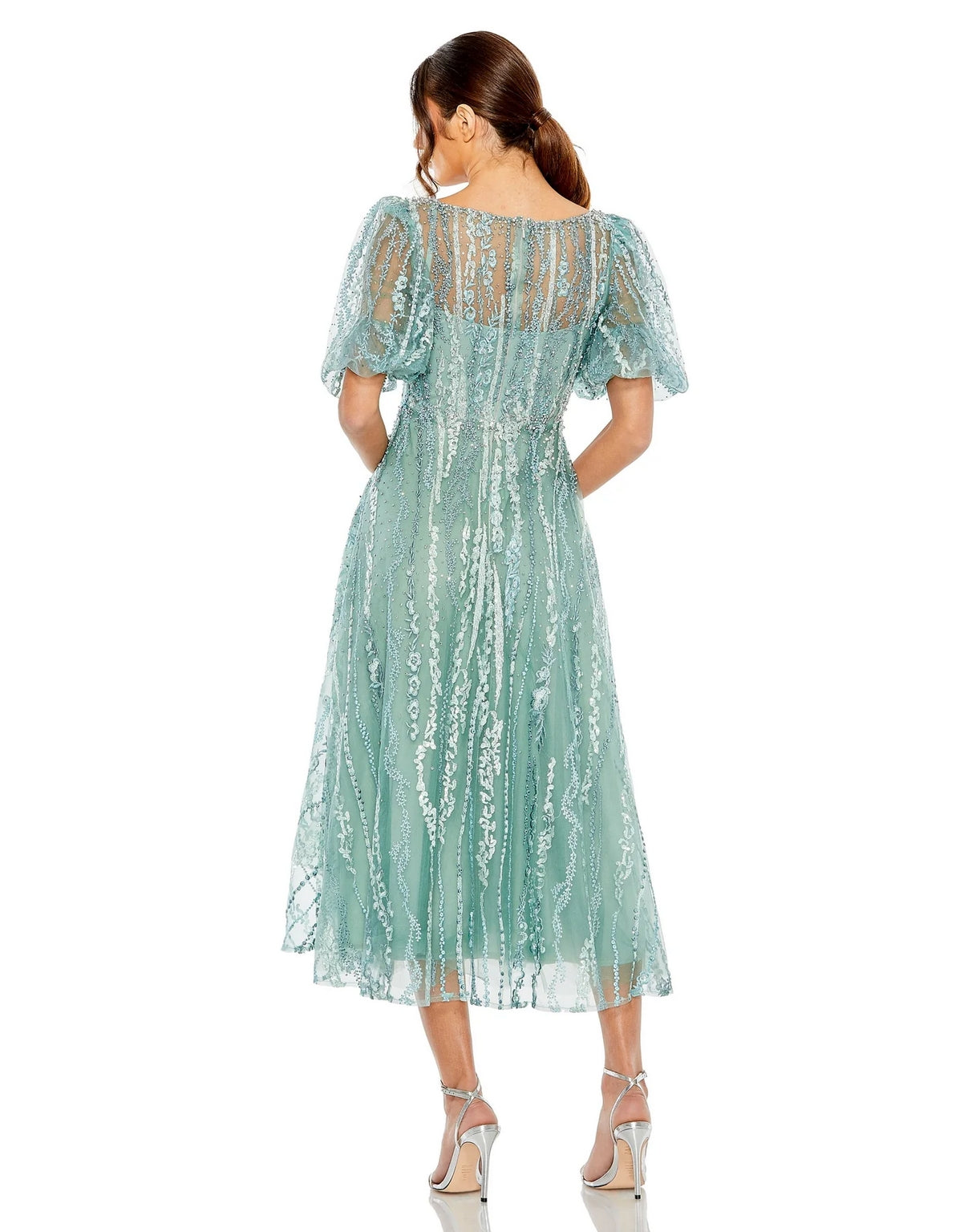 Mac Duggal 20485 Puff Sleeve Embellished A Line Midi Dress